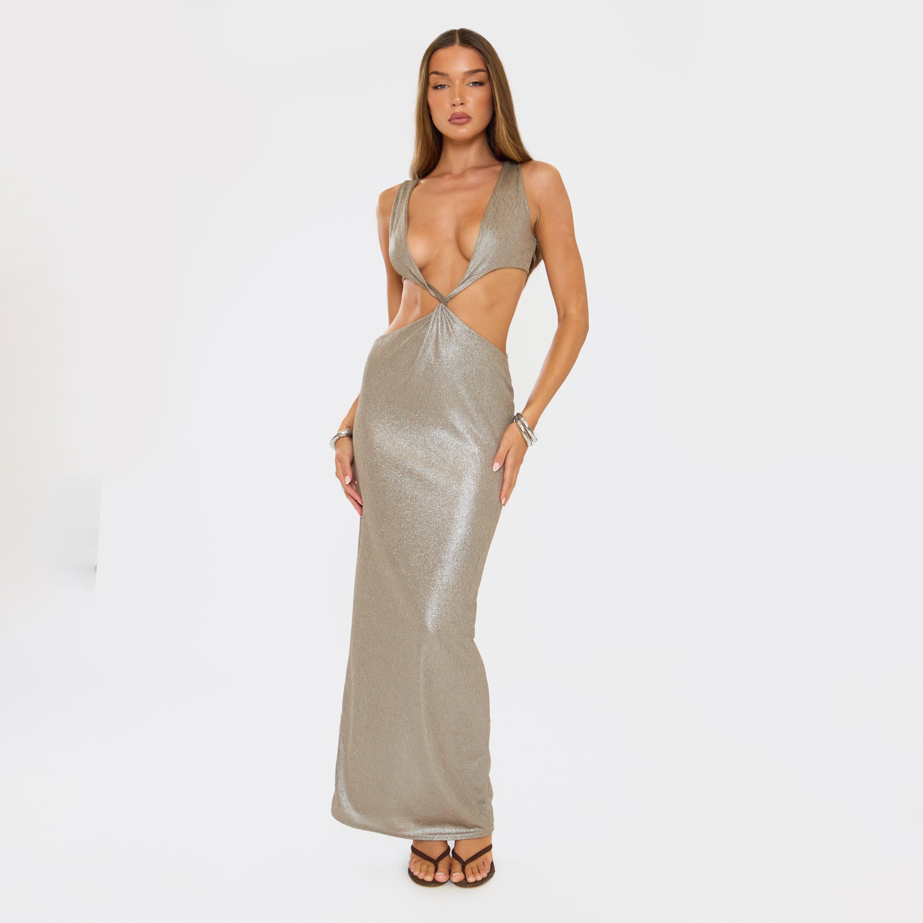 Plunge Neck Twist Cut Out Detail Maxi Dress In Bronze Metallic, Women’s