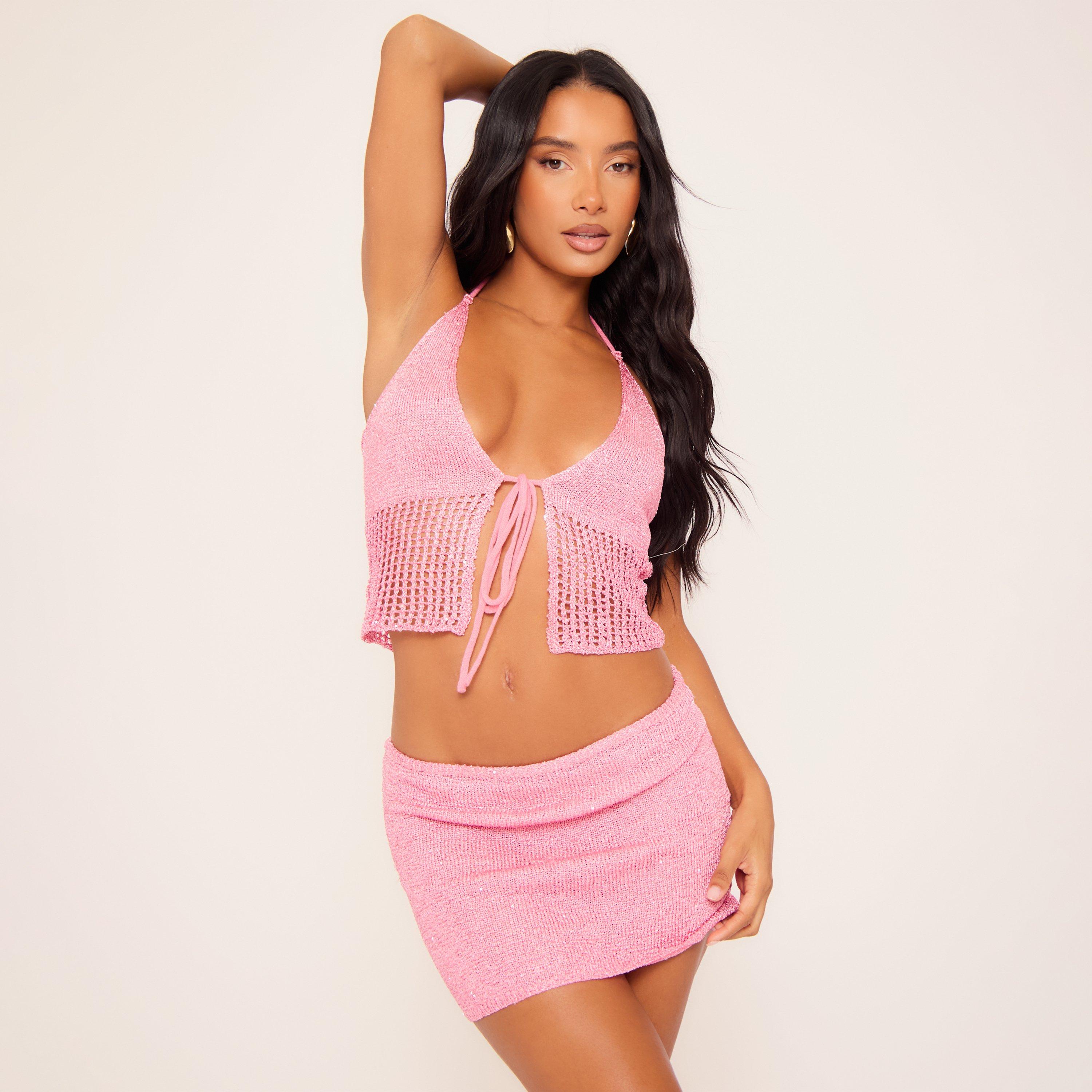 Image of Halterneck Tie Front Detail Top In Pink Glitter Knit, Women's Size UK L