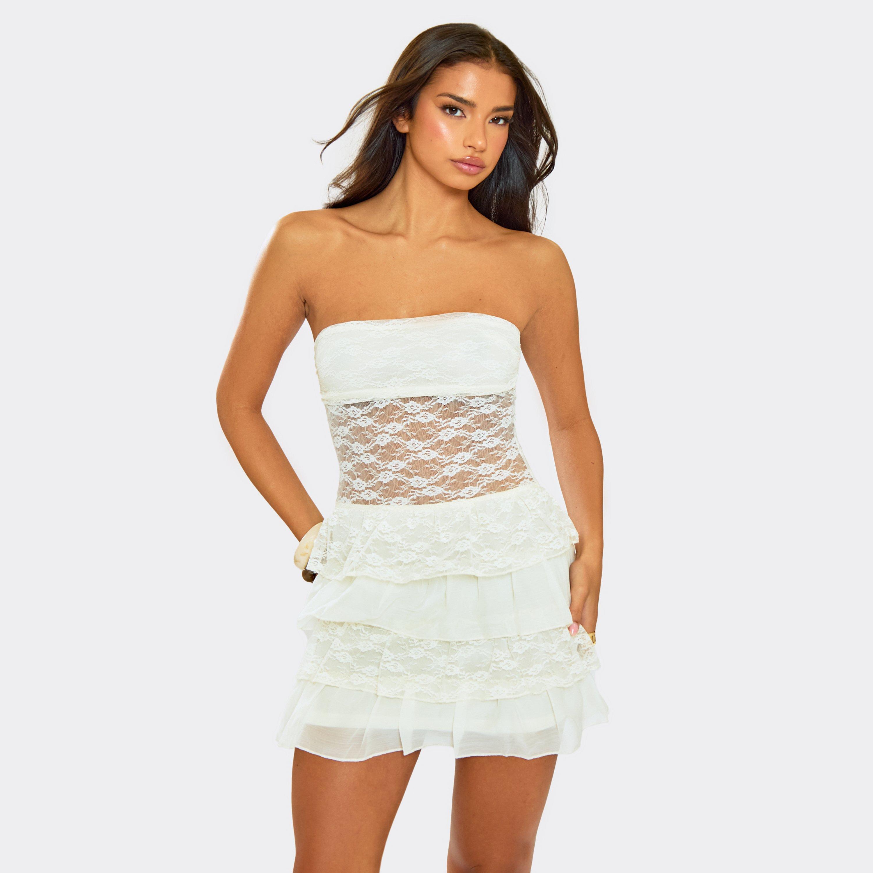 Bandeau Layered Contrast Fabric Detail Mini Dress In Cream Lace, Women's Size UK 14
