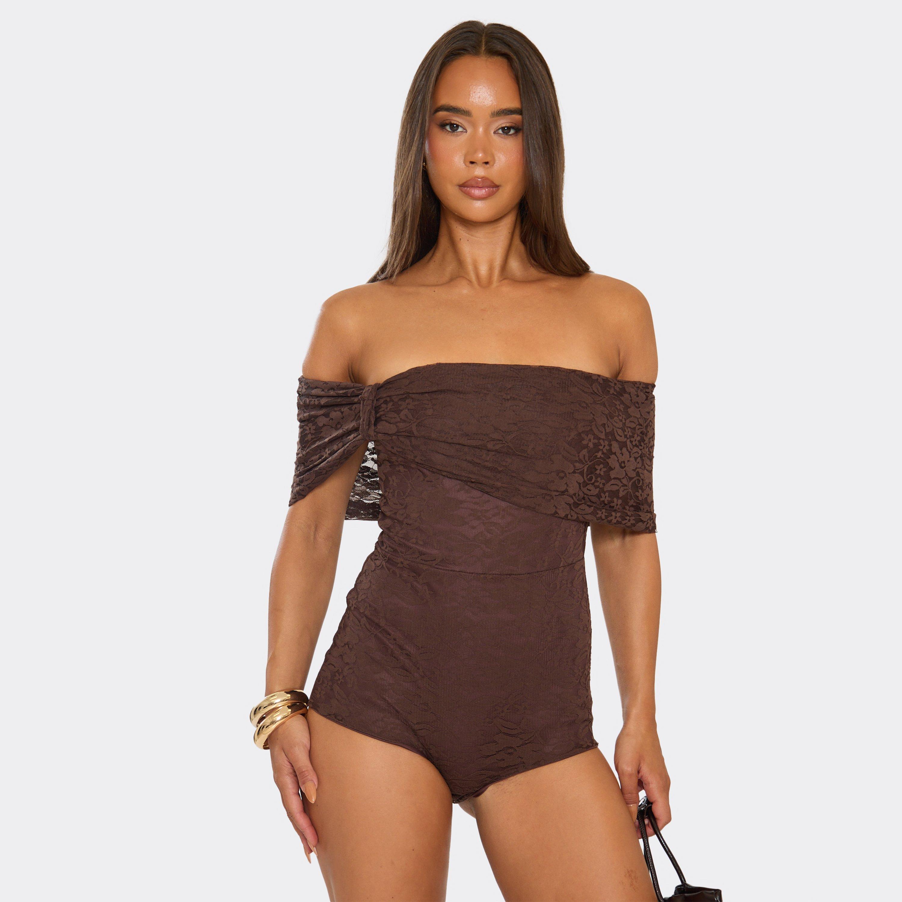 Image of Fold Over Bardot Knot Detail Micro Playsuit In Chocolate Brown Lace, Women's