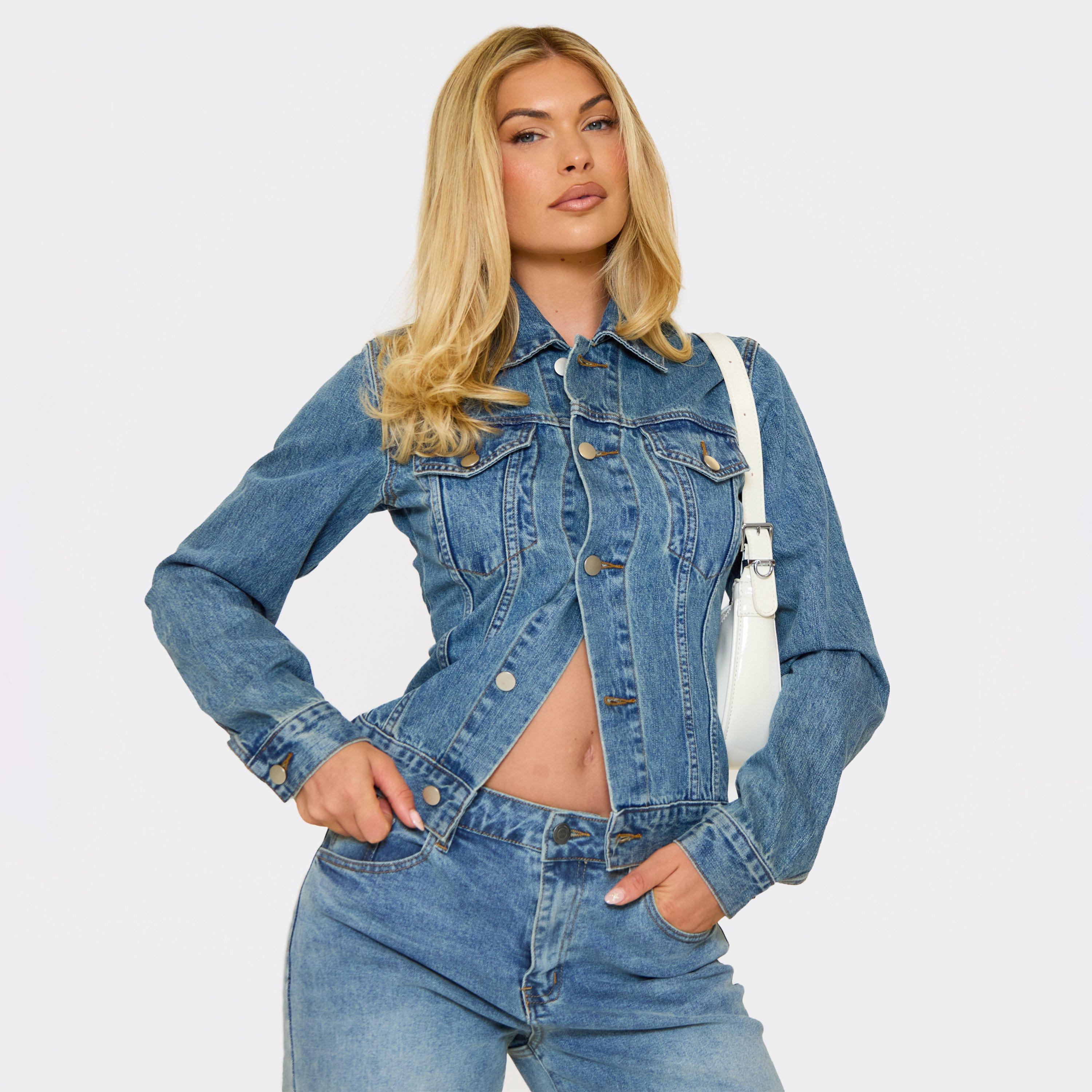 Long Sleeve Button Down Cinched Waist Jacket In Mid Blue Denim, Women’s