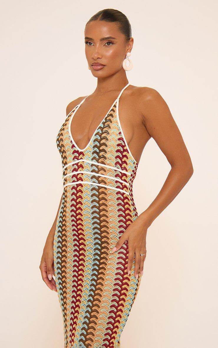 Plunge Under Bust Detail Maxi Dress In Multi Stripe Crochet | EGO US | EGO