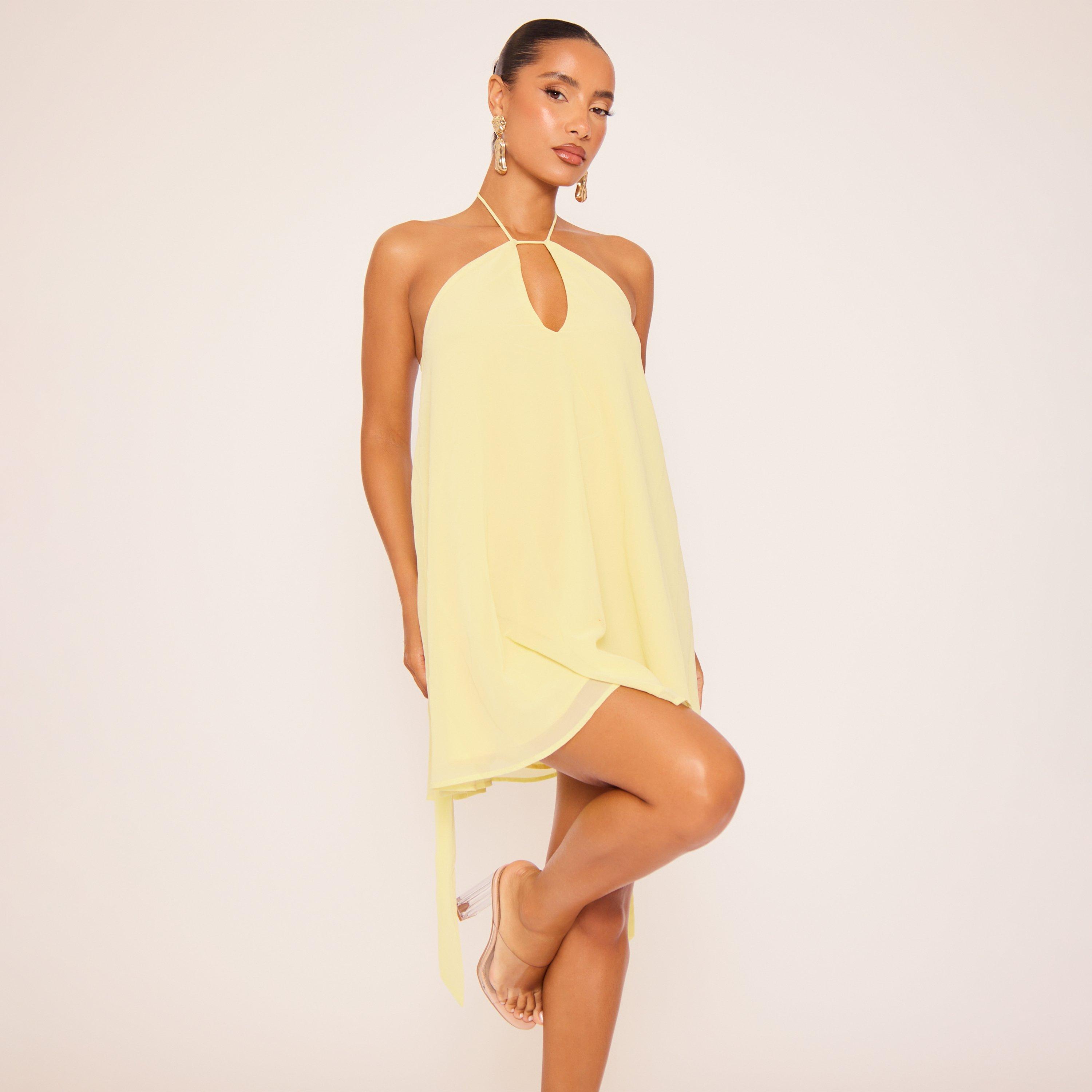 Halterneck Keyhole Detail Floaty Mini Dress In Yellow, Women's Size UK L