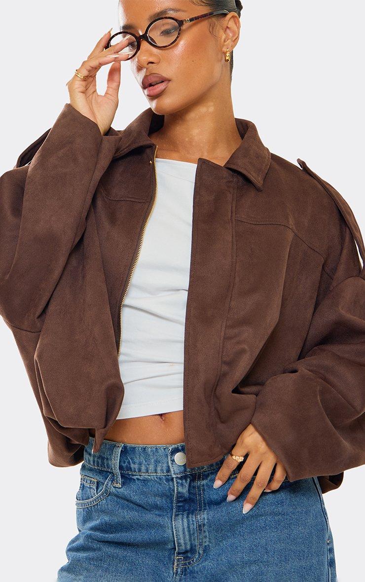 Long Sleeve Zip Up Front Collared Bomber Jacket In Brown Faux