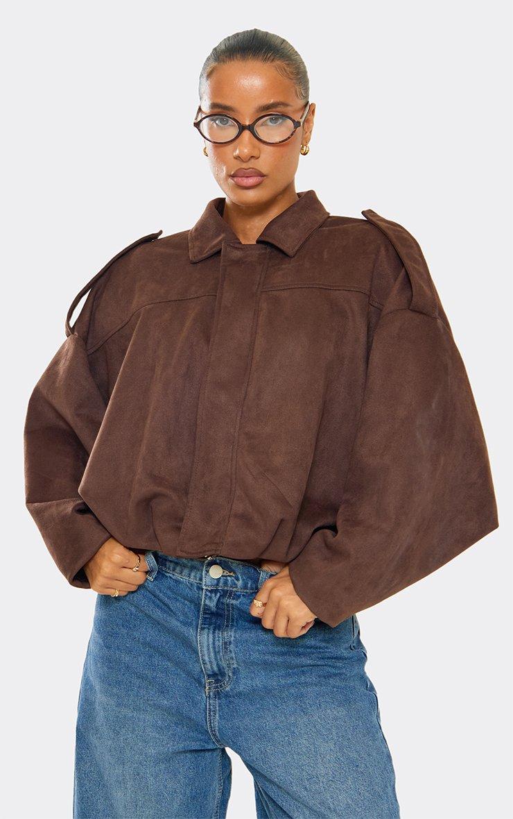 Long Sleeve Zip Up Front Collared Bomber Jacket In Brown Faux
