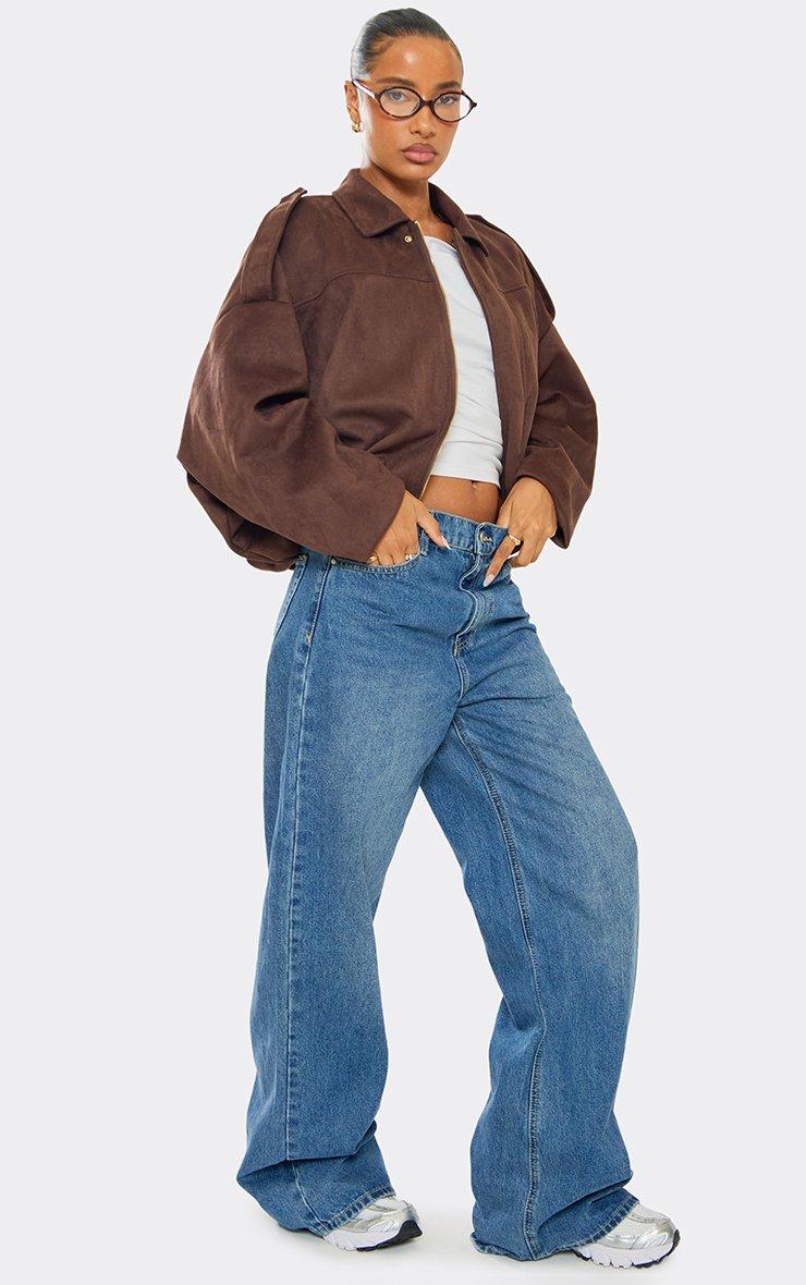 Long Sleeve Zip Up Front Collared Bomber Jacket In Brown Faux