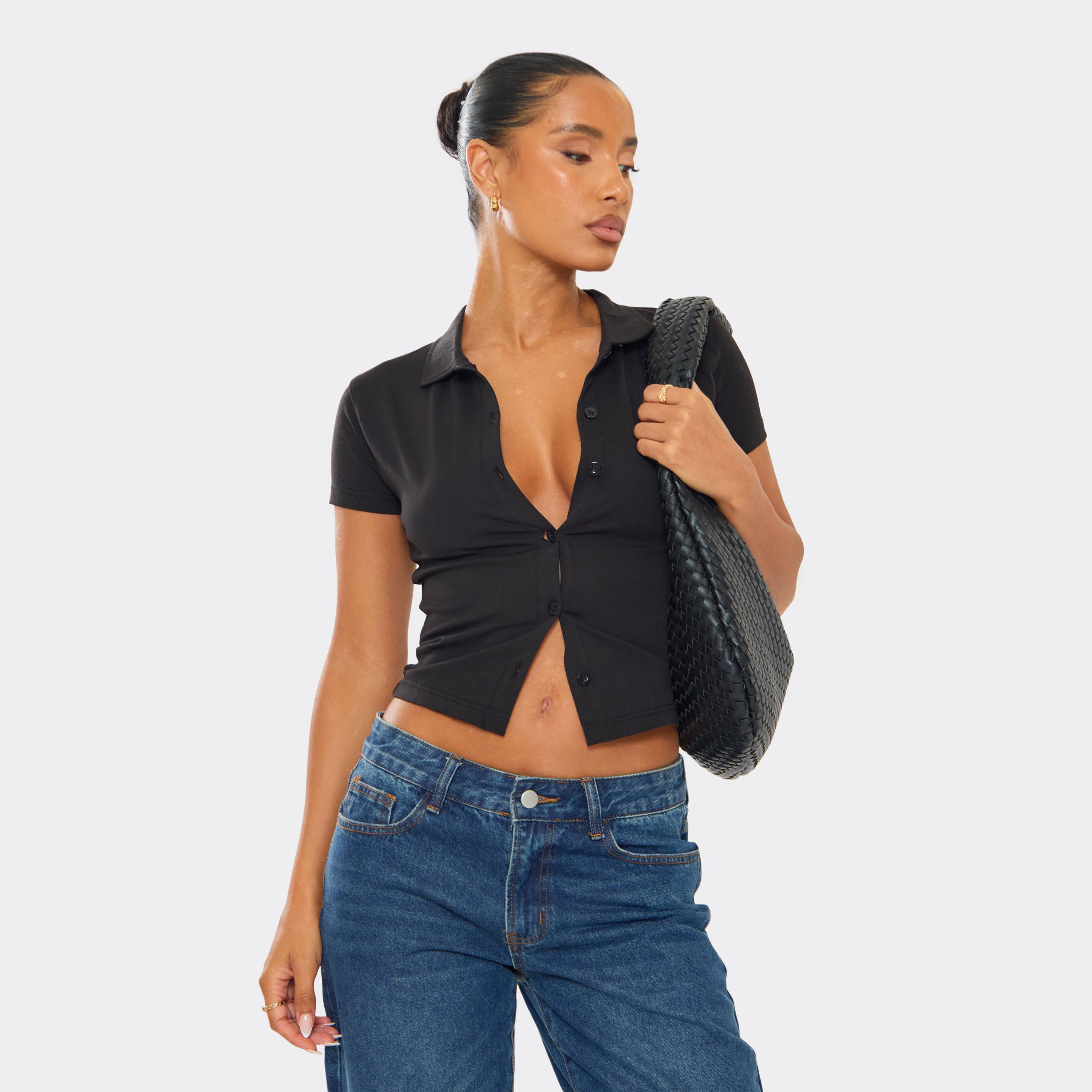 Image of Short Sleeve Button Down T-Shirt In Black, Women's