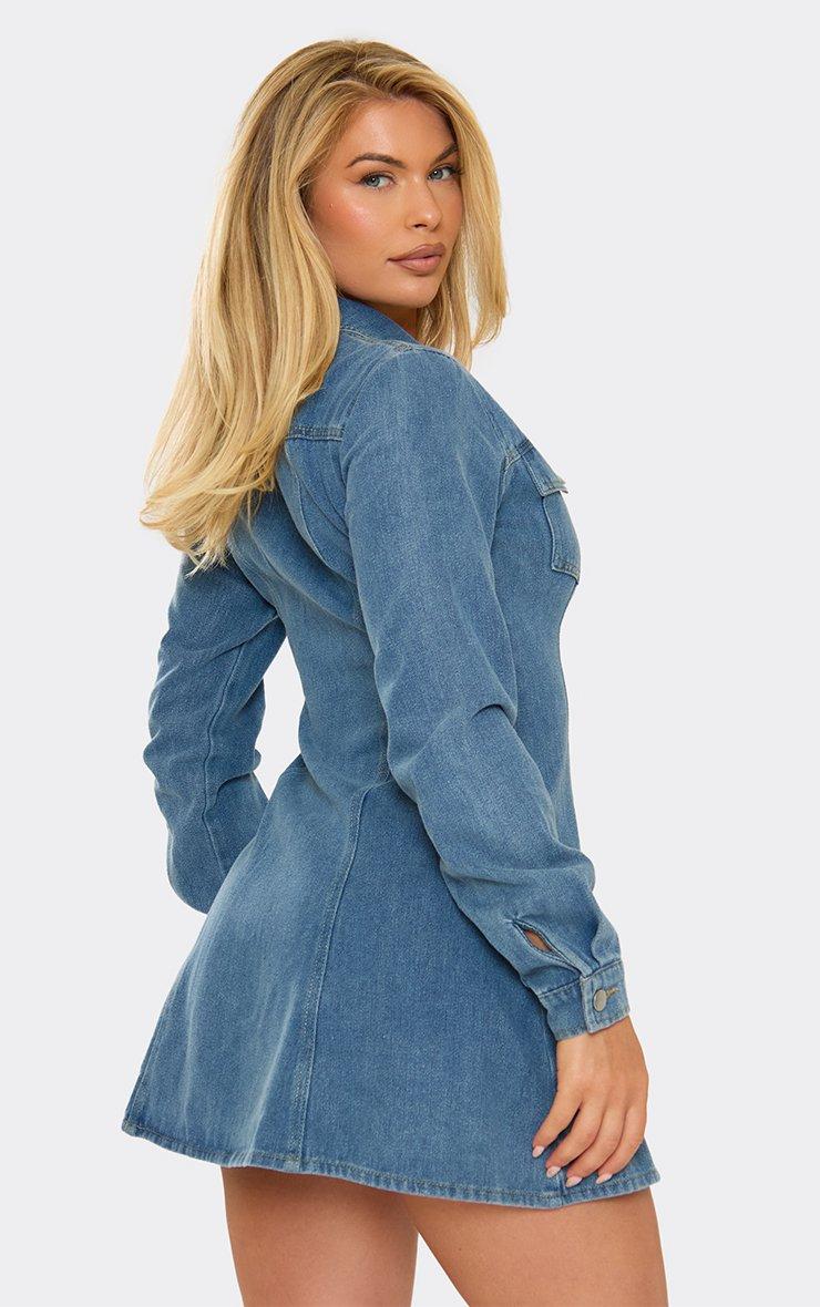 a line denim dress with sleeves SHE'S ROYAL DENIM LONG SLEEVE MINI DRESS – AKIRA main image 1