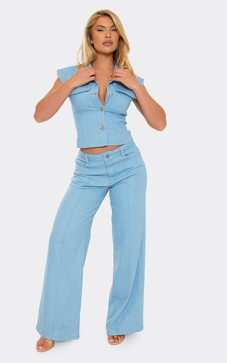Mid Rise Seam Detail Straight Leg Jeans In Blue Denim