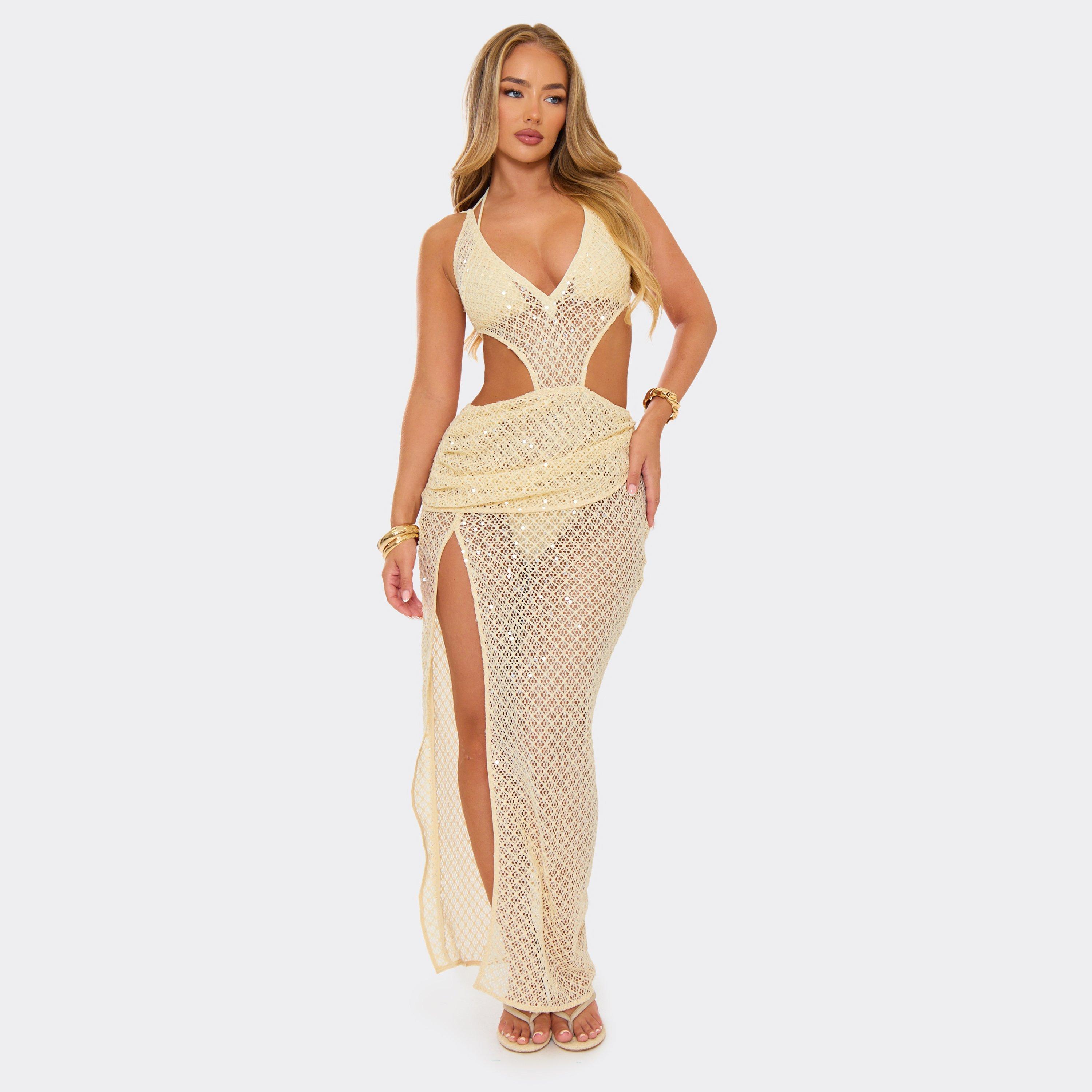 Halterneck Cut Out Side Split Detail Maxi Dress In Yellow Textured Sequin, Women’s