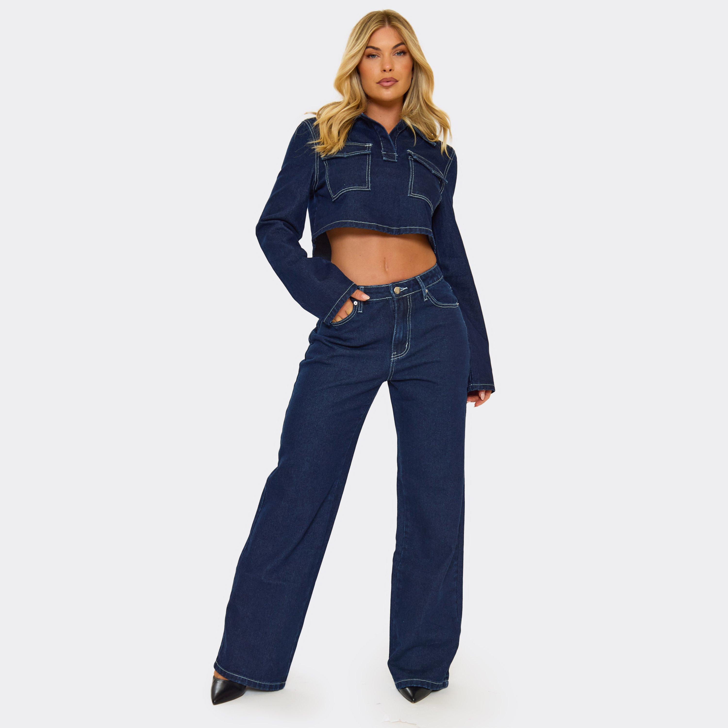 Image of Low Rise Pocket Detail Wide Leg Jeans In Indigo Blue Denim, Women's