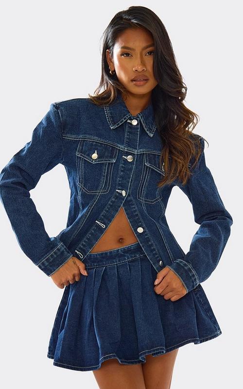 High Neck Zip Front Motocross Cropped Jacket In Blue Denim | EGO