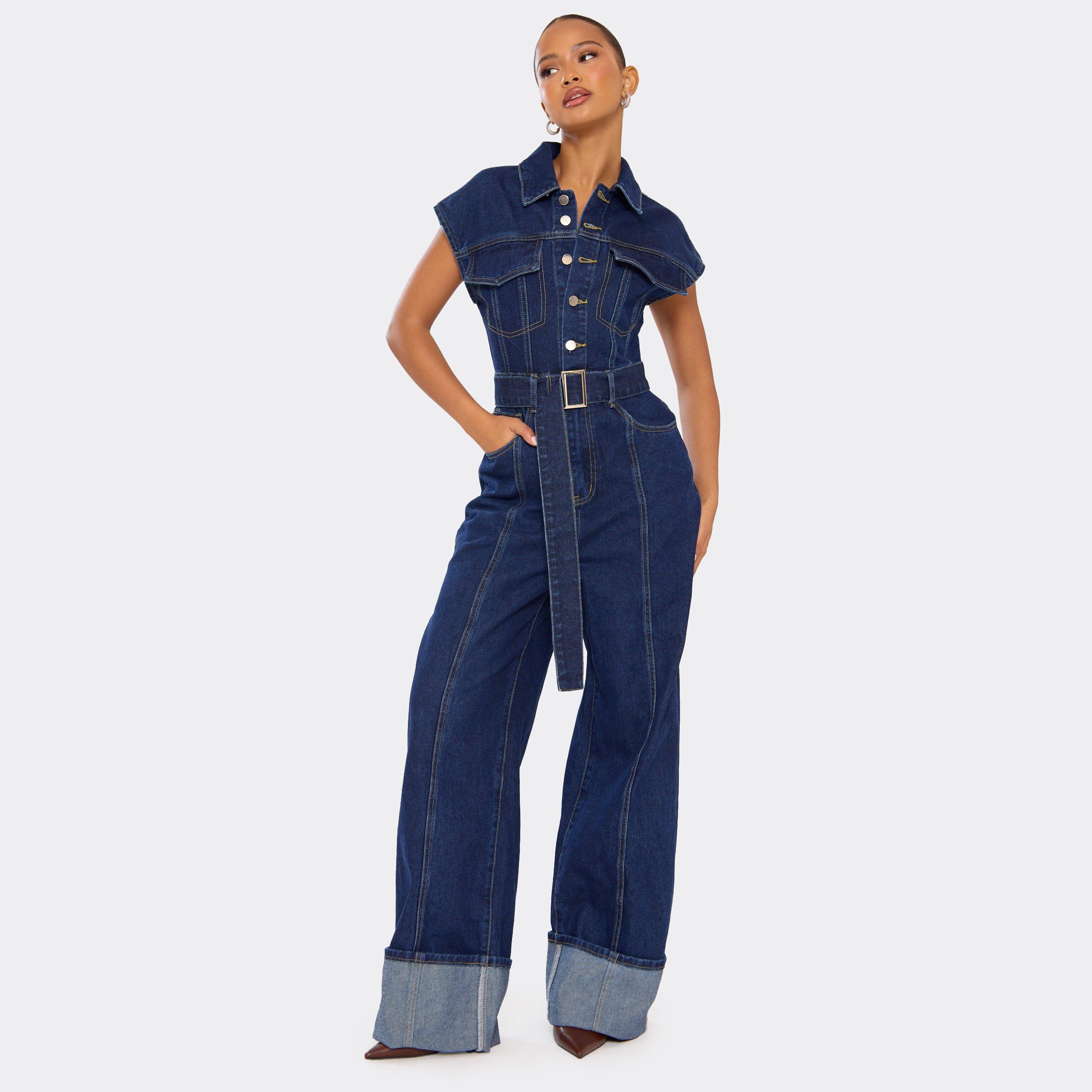 Cap Sleeve Button Down Belted Detail Turn Up Hem Jumpsuit In Indigo Blue Denim, Women's Size UK 8