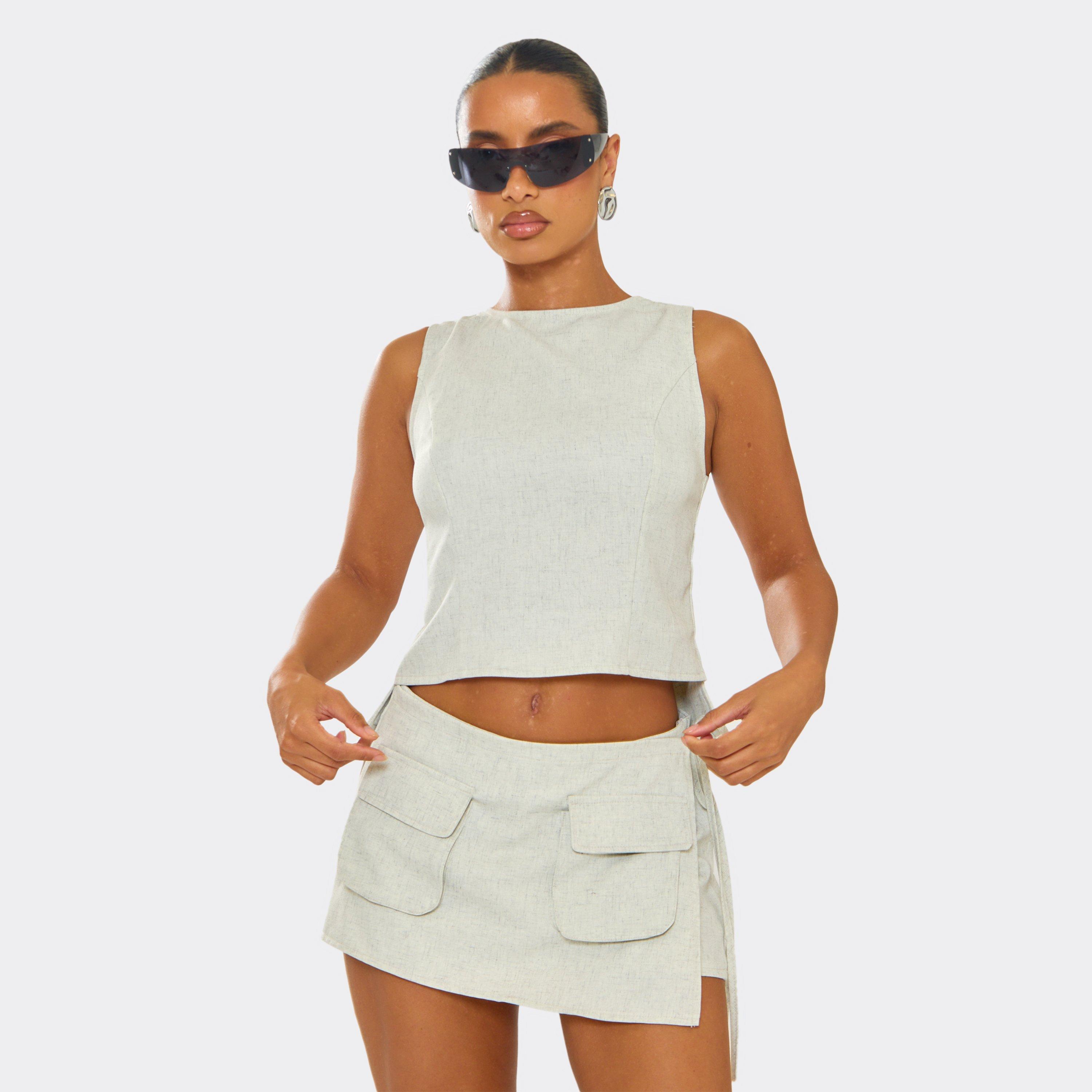 Sleeveless Tie Back Detail Fitted Top In Stone, Women's Size UK 16