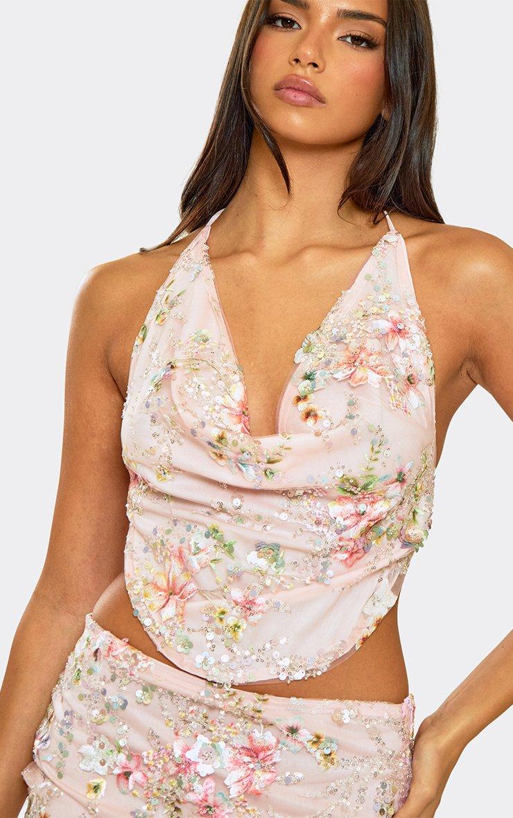 Cowl Halterneck Open Tie Back Top In Pink Floral Embroidered