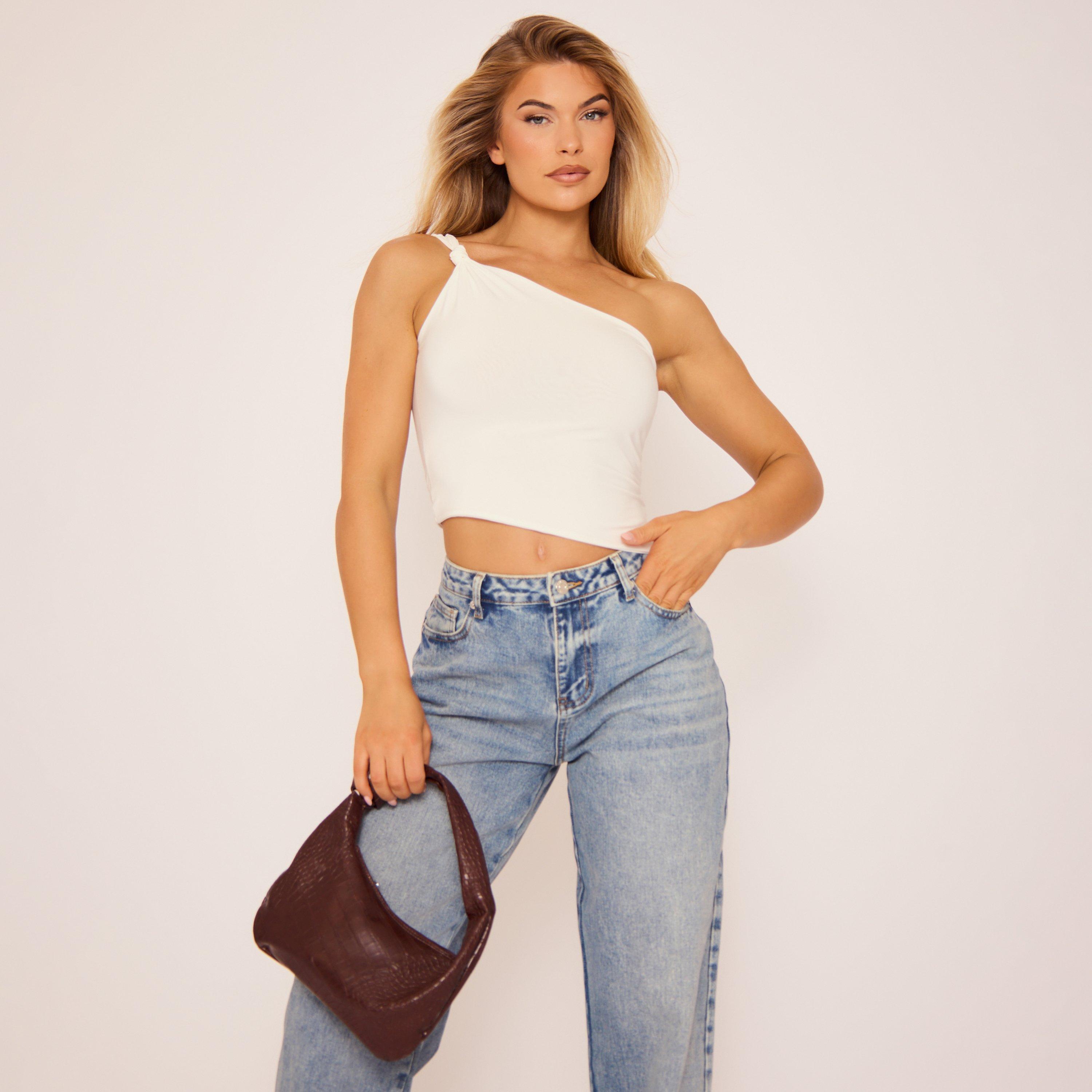 One Shoulder Knot Detail Top In White Slinky, Women's Size UK 14