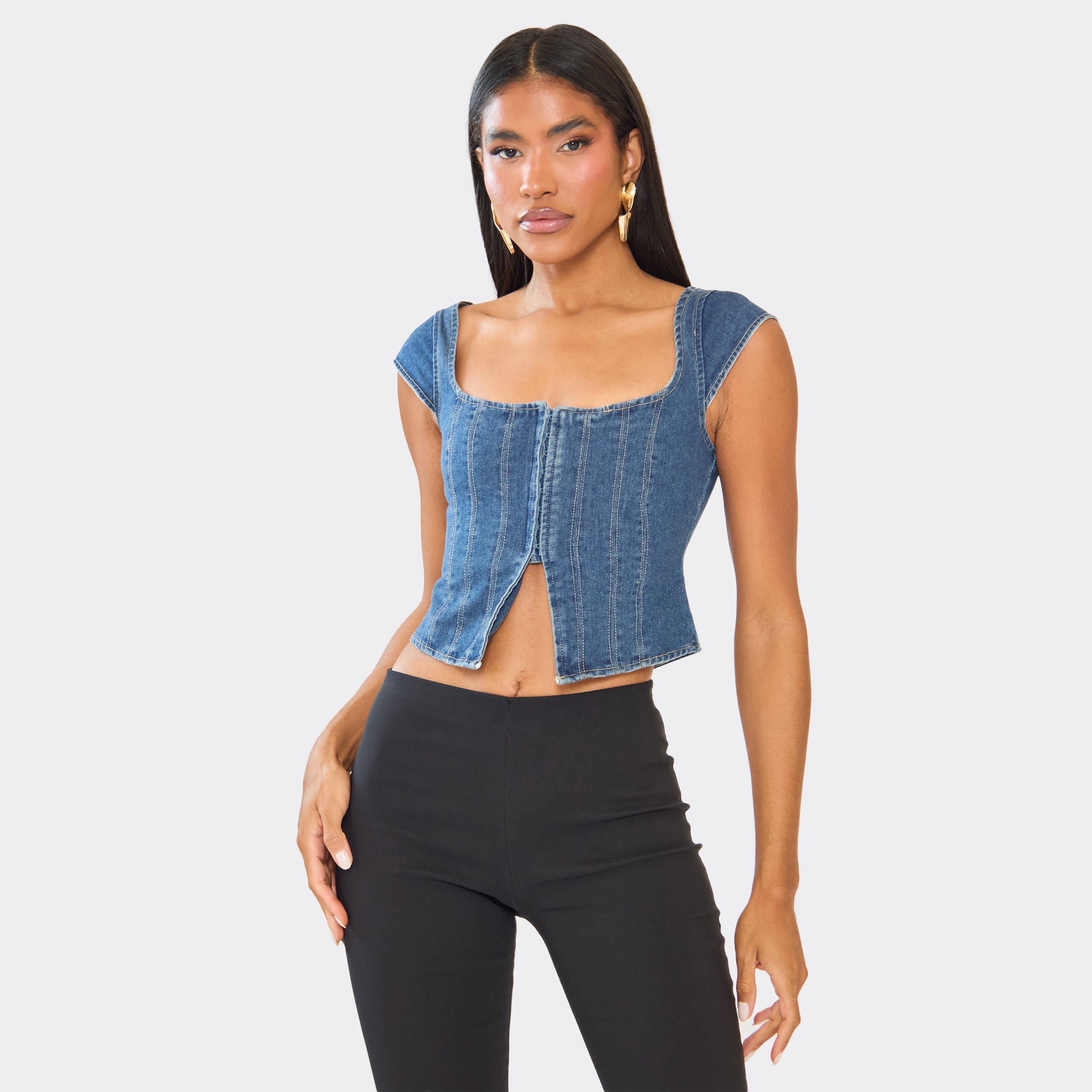 Image of Square Neck Cap Sleeve Split Front Top In Blue Denim, Women's