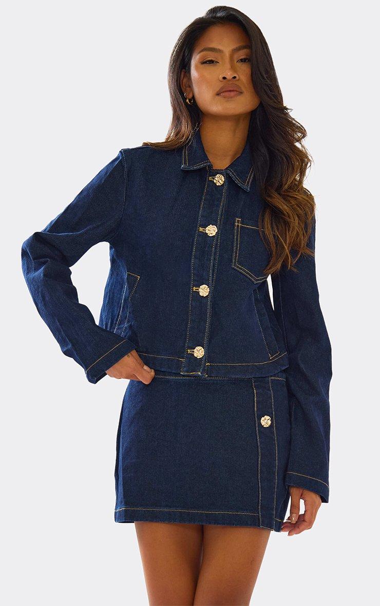 High Neck Zip Front Motocross Cropped Jacket In Blue Denim | EGO