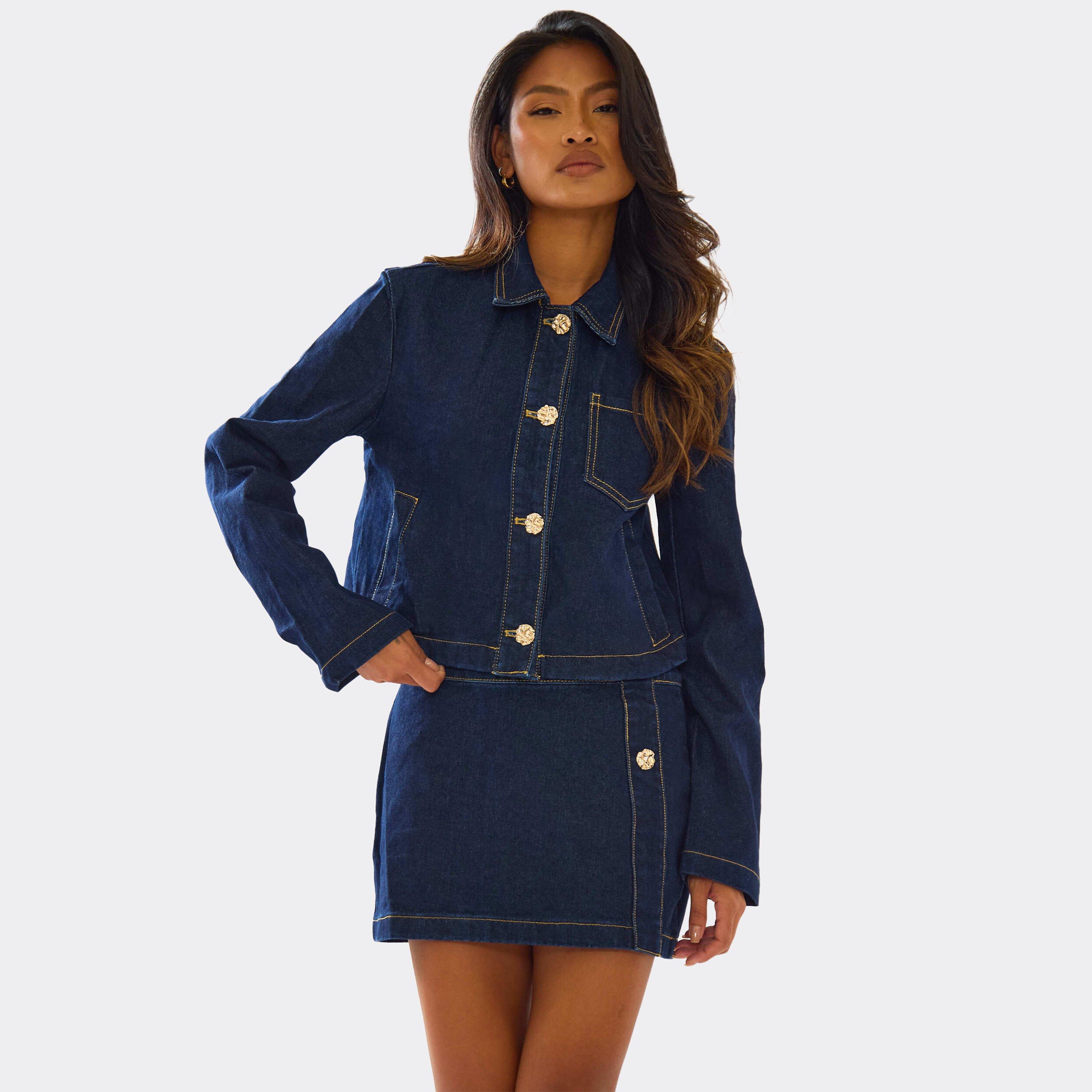 Long Sleeve Button Detail Jacket In Indigo Blue Denim, Women’s