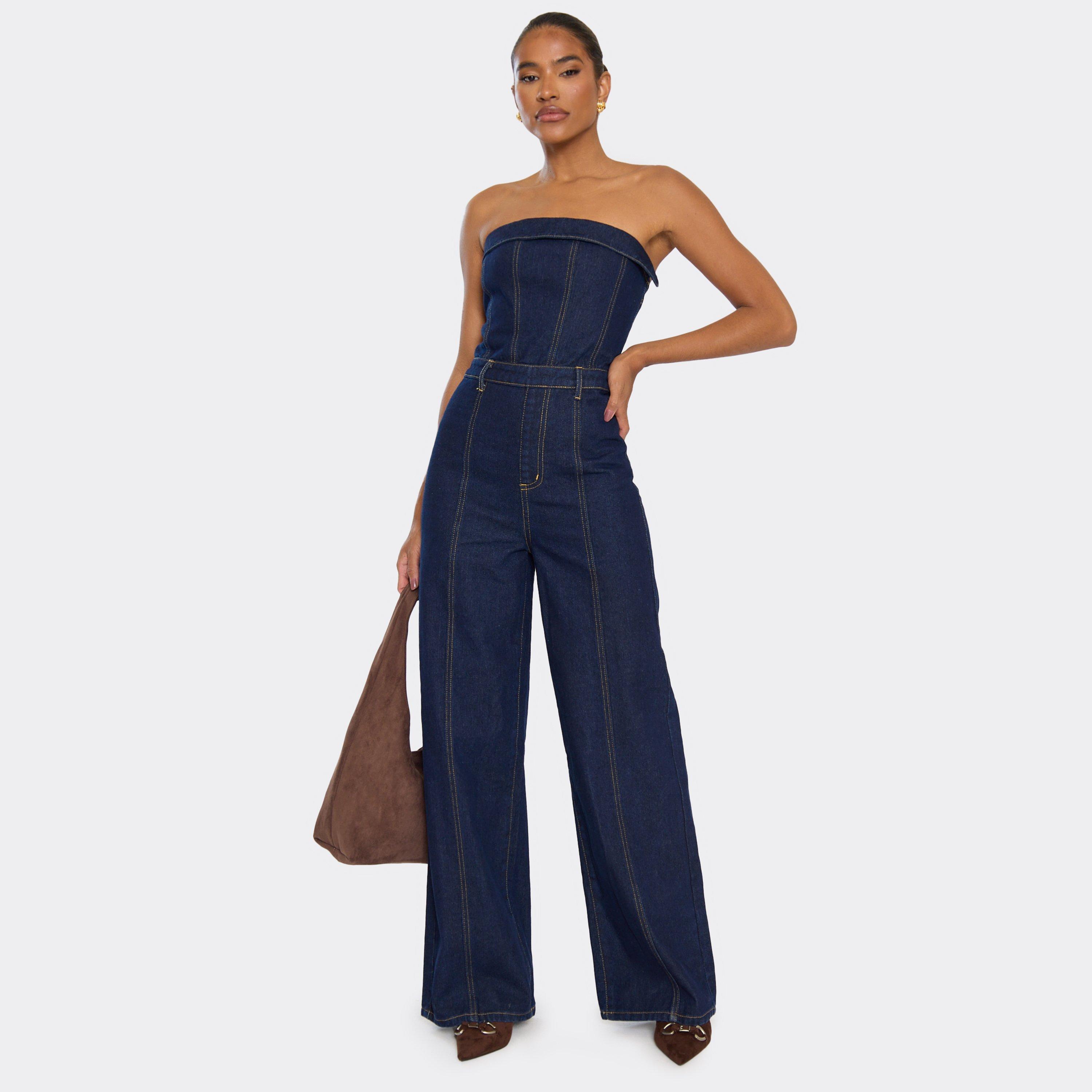 Image of Bandeau Seam Detail Jumpsuit In Indigo Blue Denim, Women's