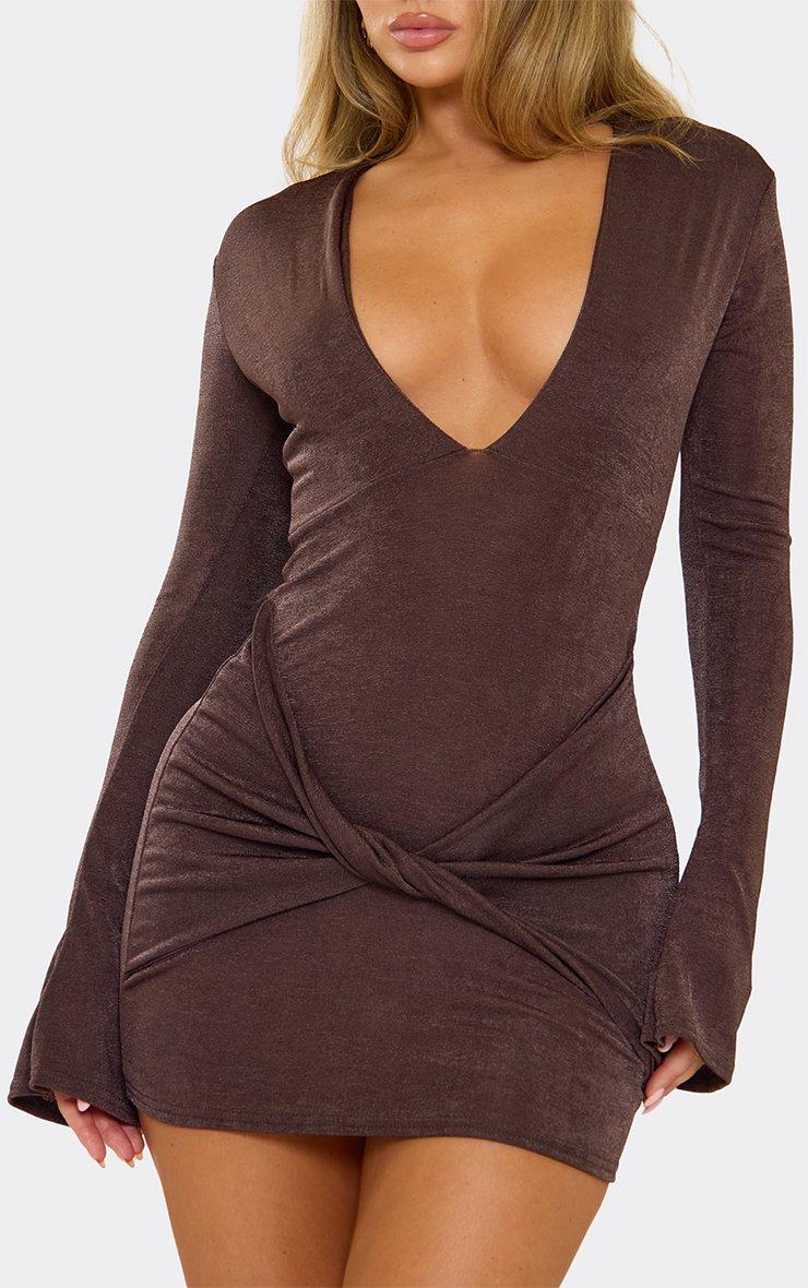 Flare Sleeve Plunge Mini Dress In Chocolate Brown, Women's Size US 4 - EGO