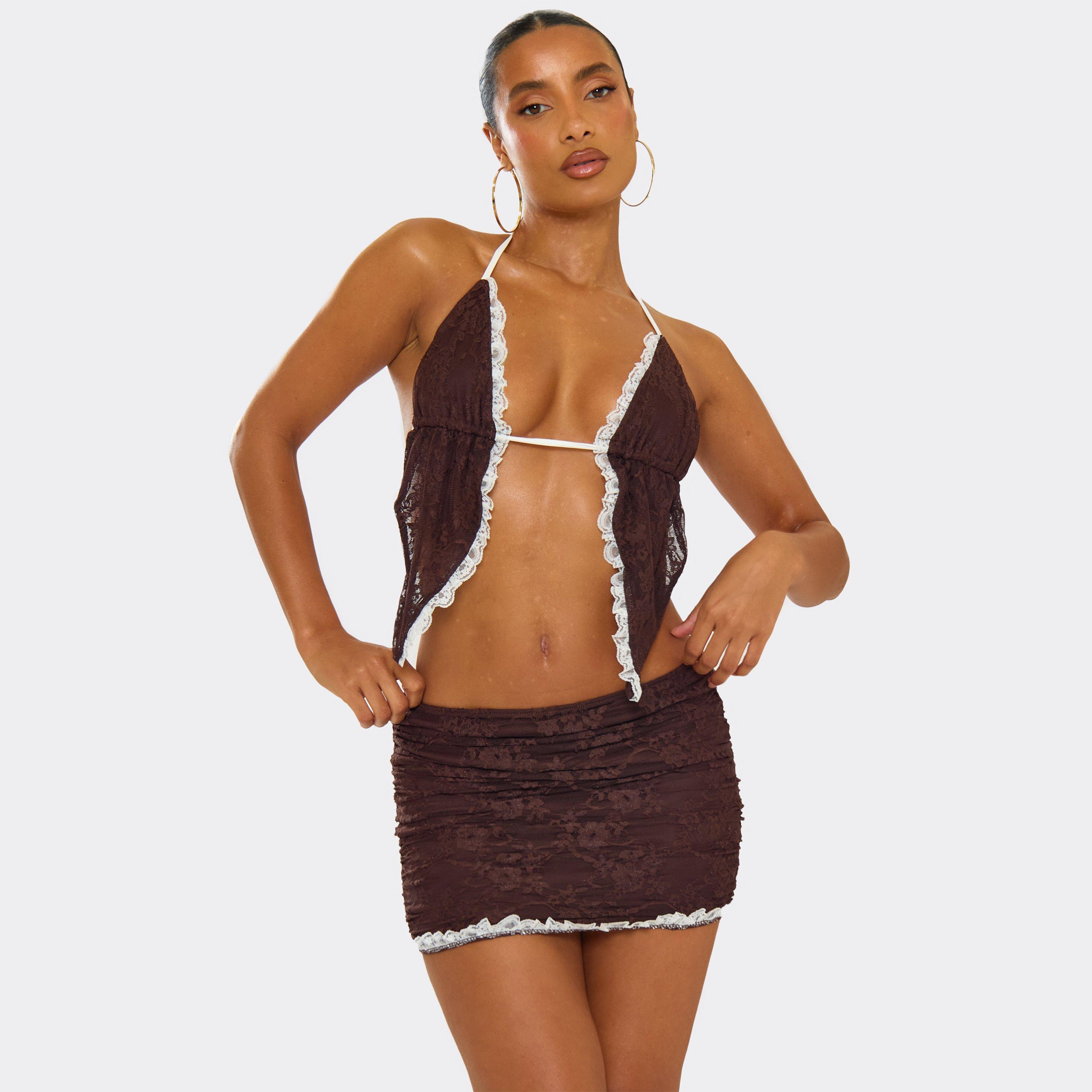 Image of Halterneck Split Hem Contrast Frill Detail Top In Brown Lace, Women's