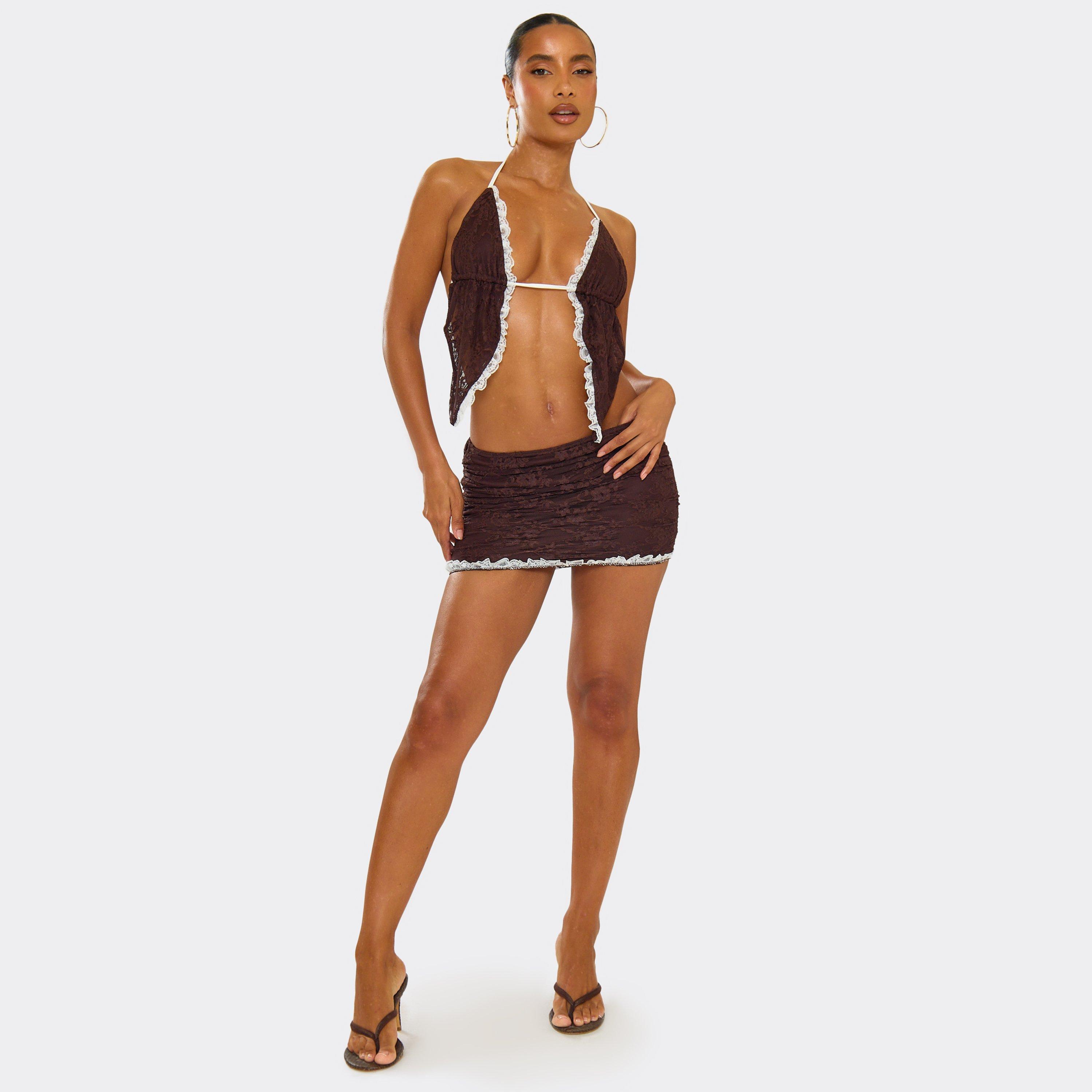 Mid Waist Contrast Frill Detail Mini Skirt In Brown Lace, Women’s