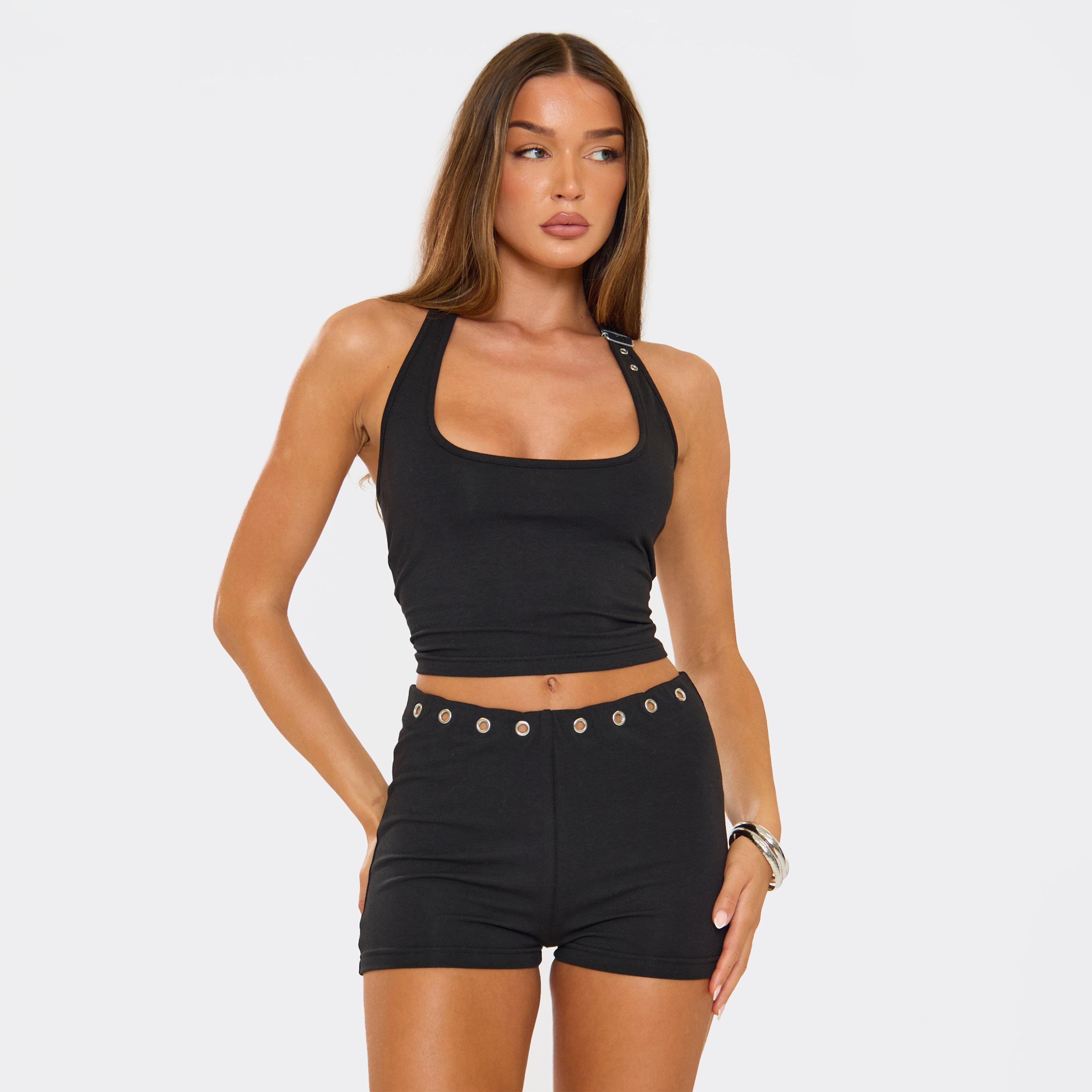 Image of Halterneck Eyelet Buckle Strap Detail Top In Black, Women's