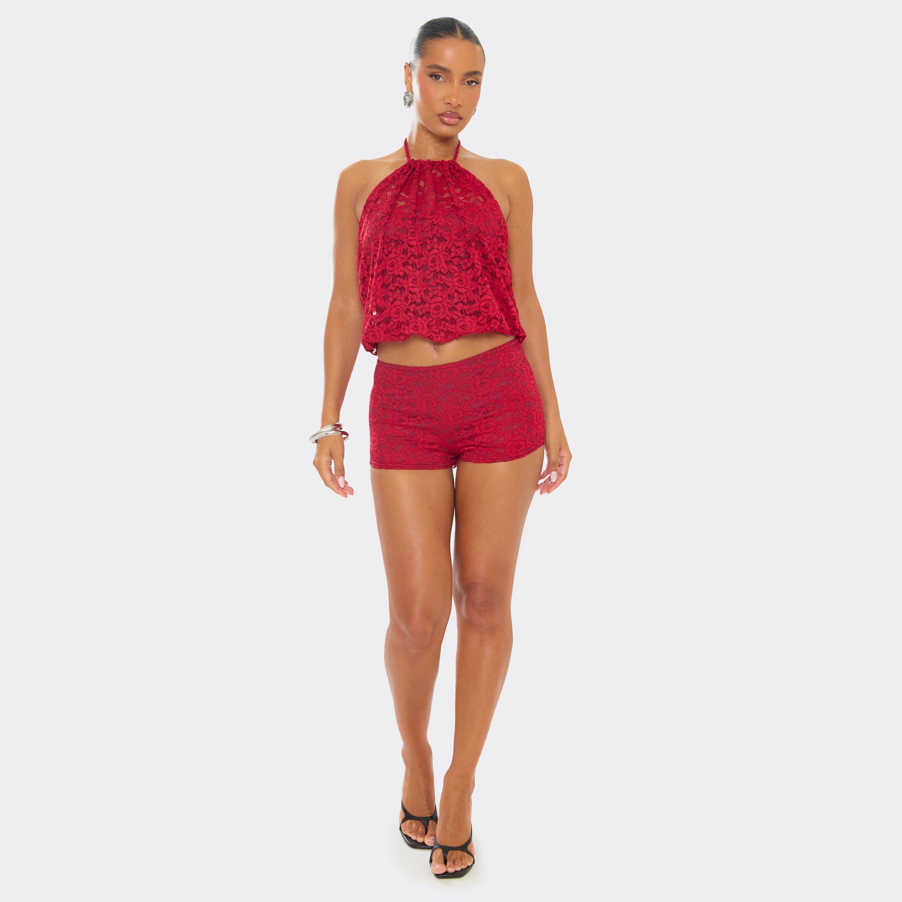 Low Rise Hot Pants In Red Lace, Women’s