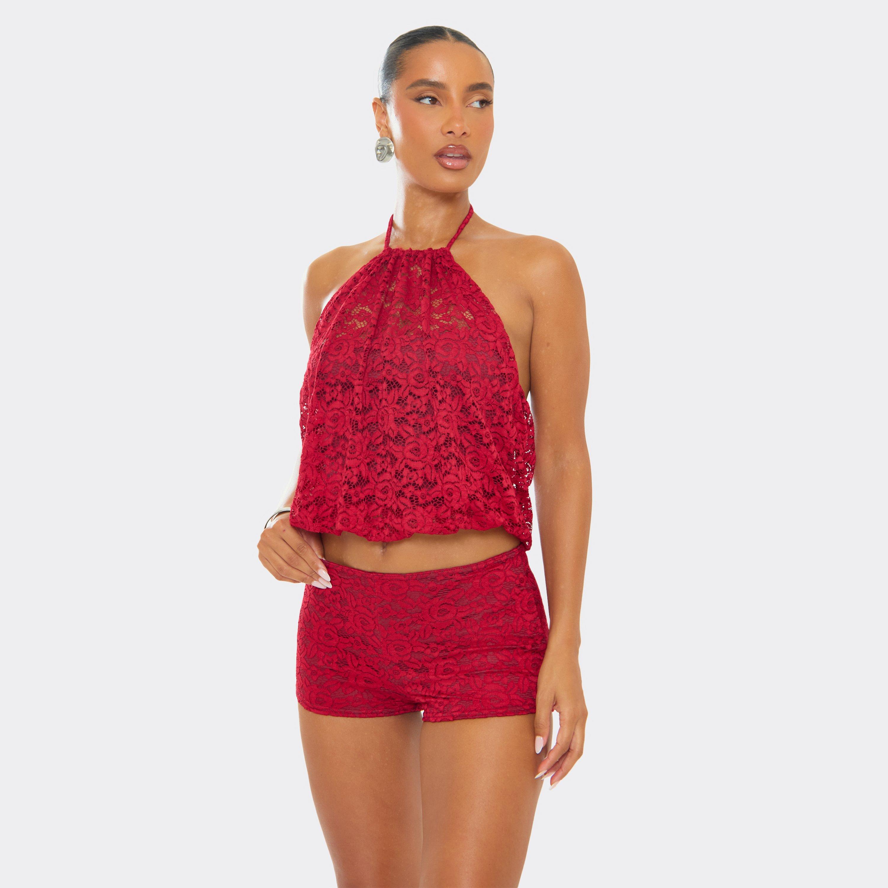 Image of Racer Neck Puffball Detail Crop Top In Red Lace, Women's