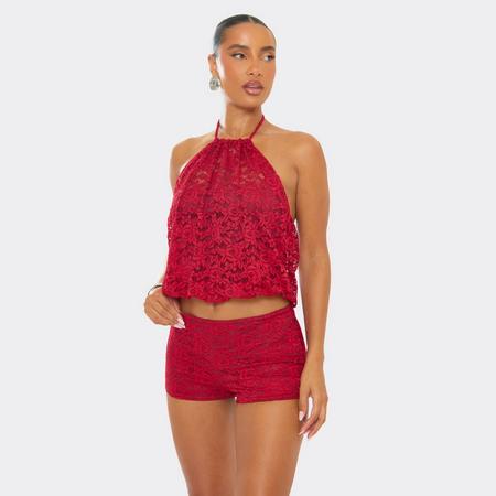 Racer Neck Puffball Detail Crop Top In Red Lace, Women's Size US