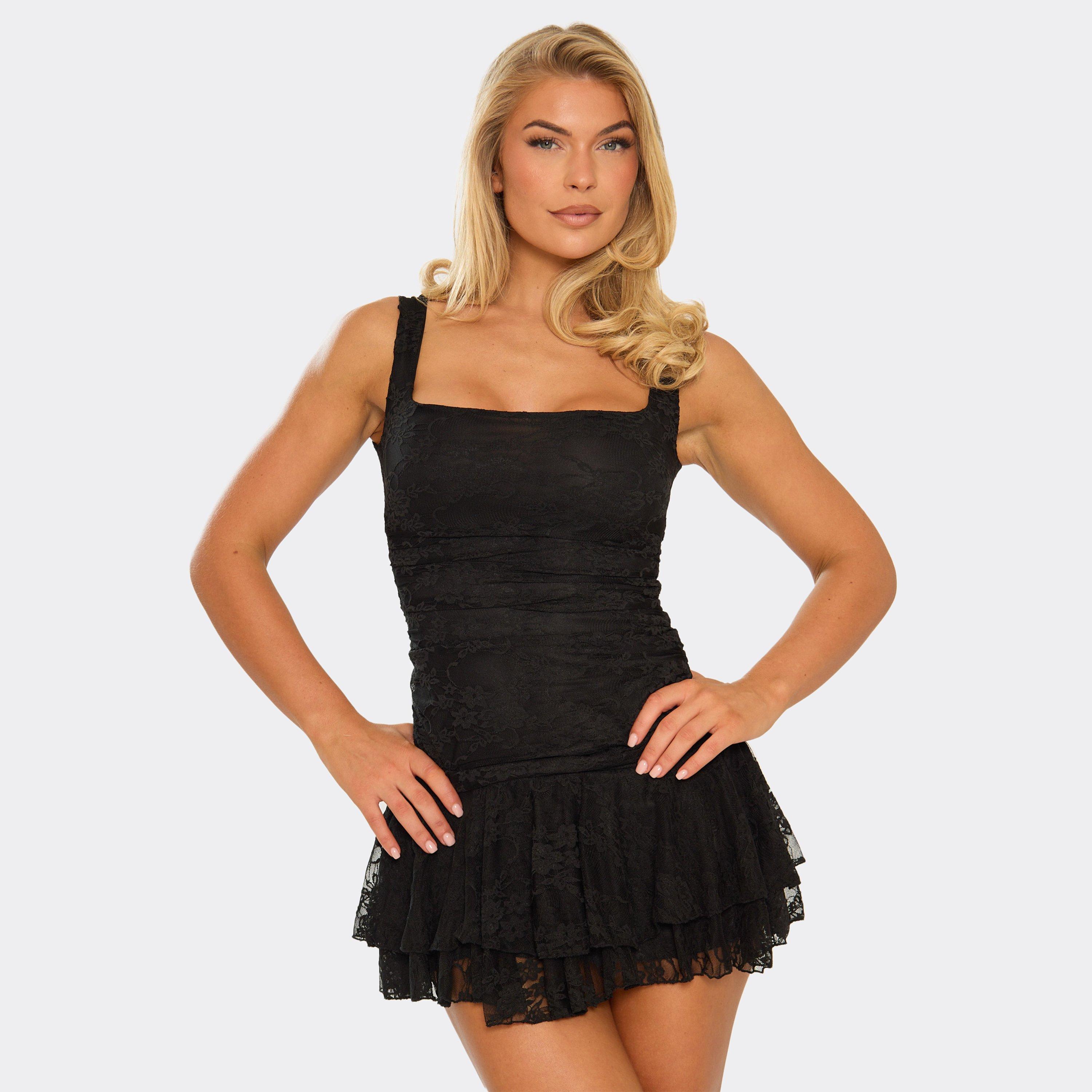 Square Neck Frill Hem Detail Mini Dress In Black Lace, Women’s