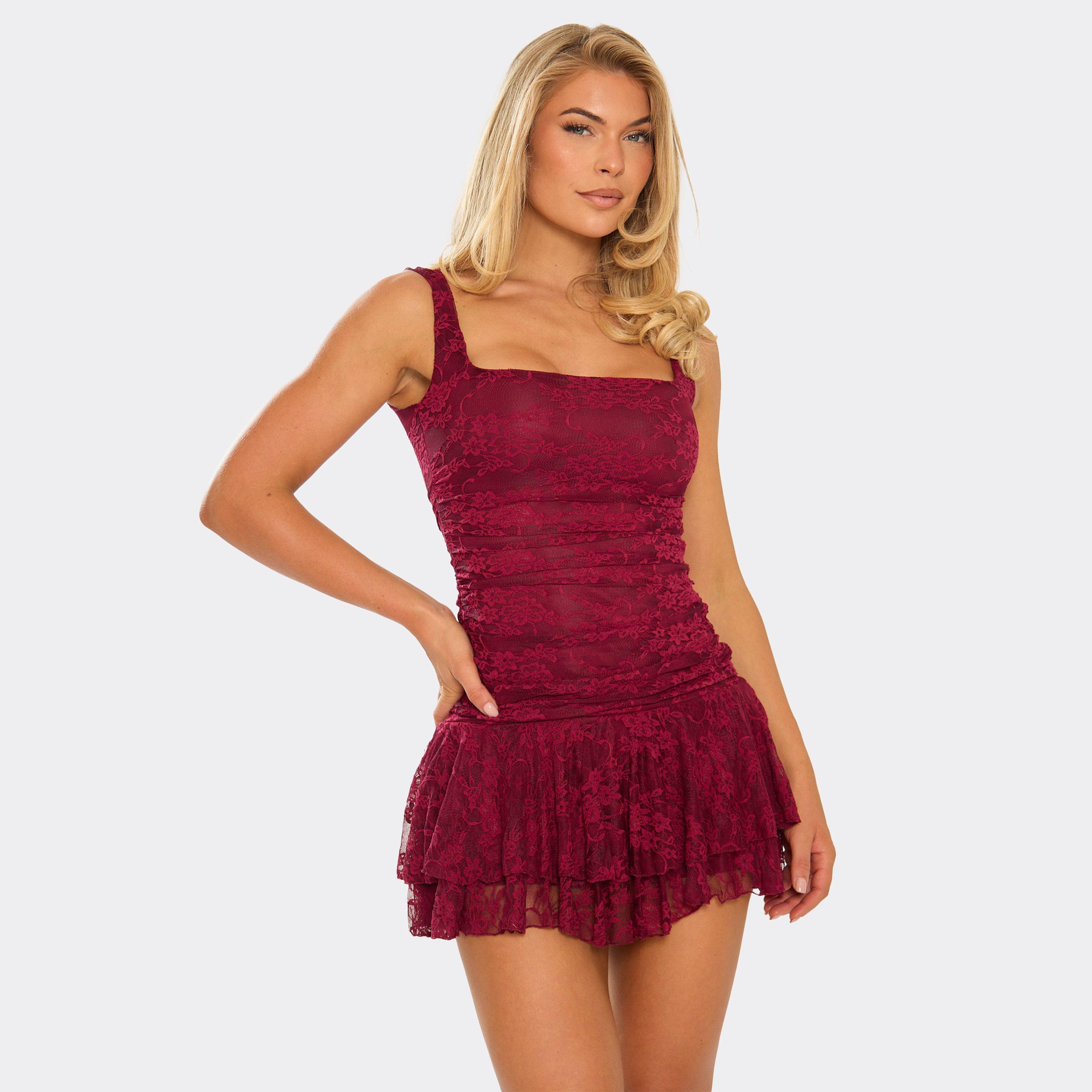 45908 Lace Square Neckline Frill Hem Mini Dress In Red, Women’s
