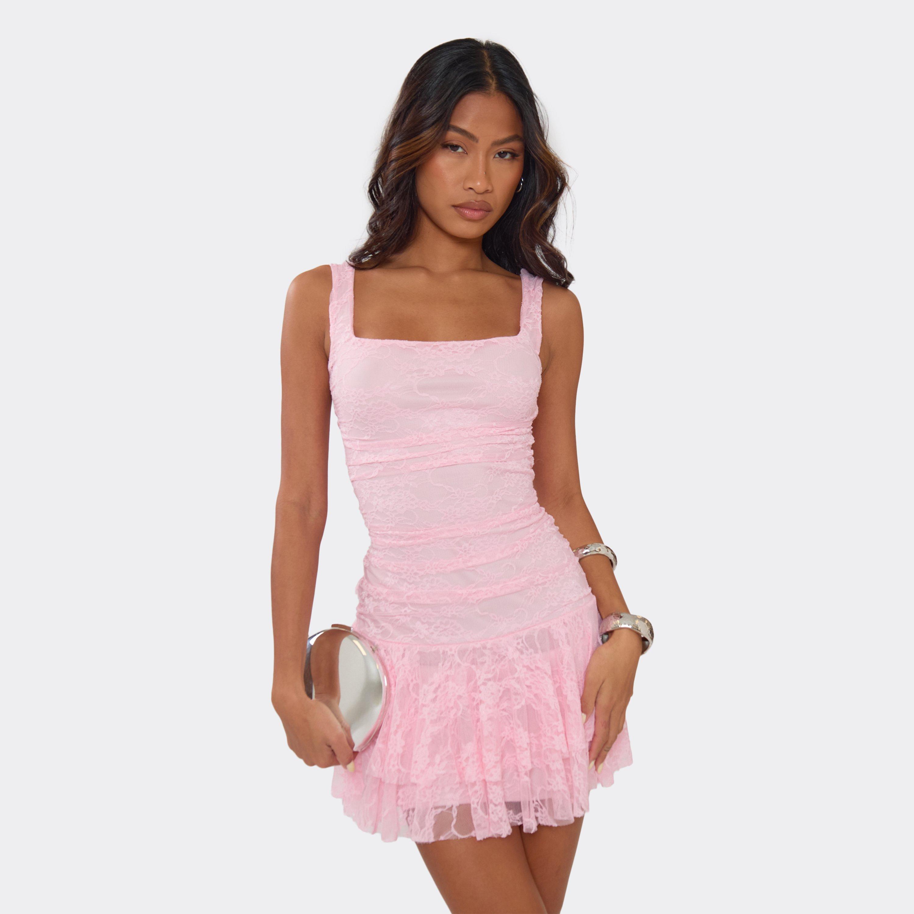 Square Neck Frill Hem Detail Mini Dress In Pink Lace, Women’s