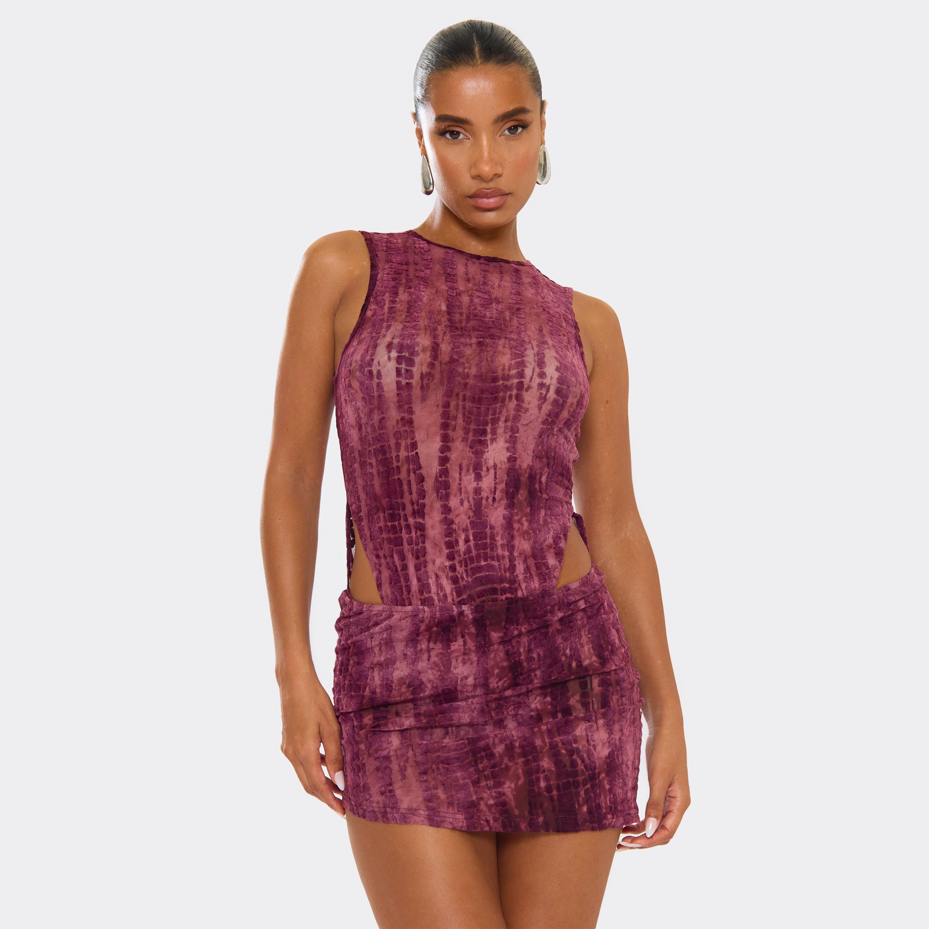Sleeveless Side Cut Out Skirt Overlay Detail Mini Dress In Burgundy Devore, Women’s