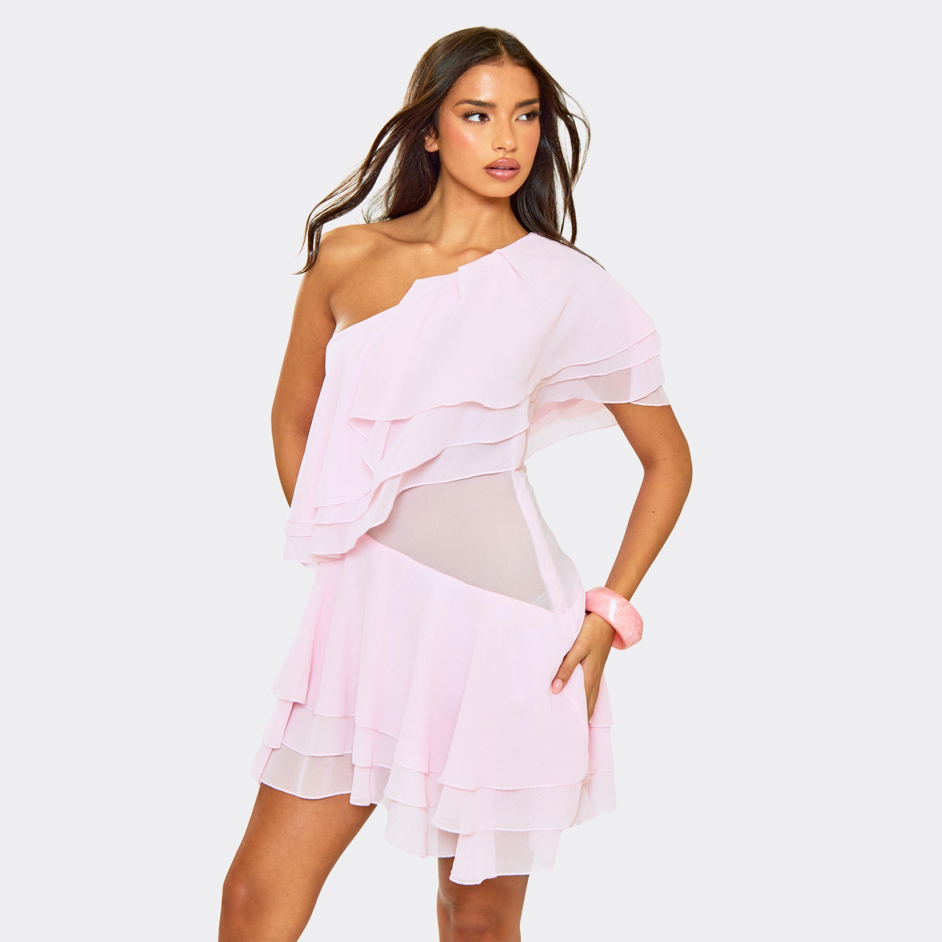 Asymmetric One Shoulder Layered Frill Detail Mini Dress In Baby Pink, Women’s