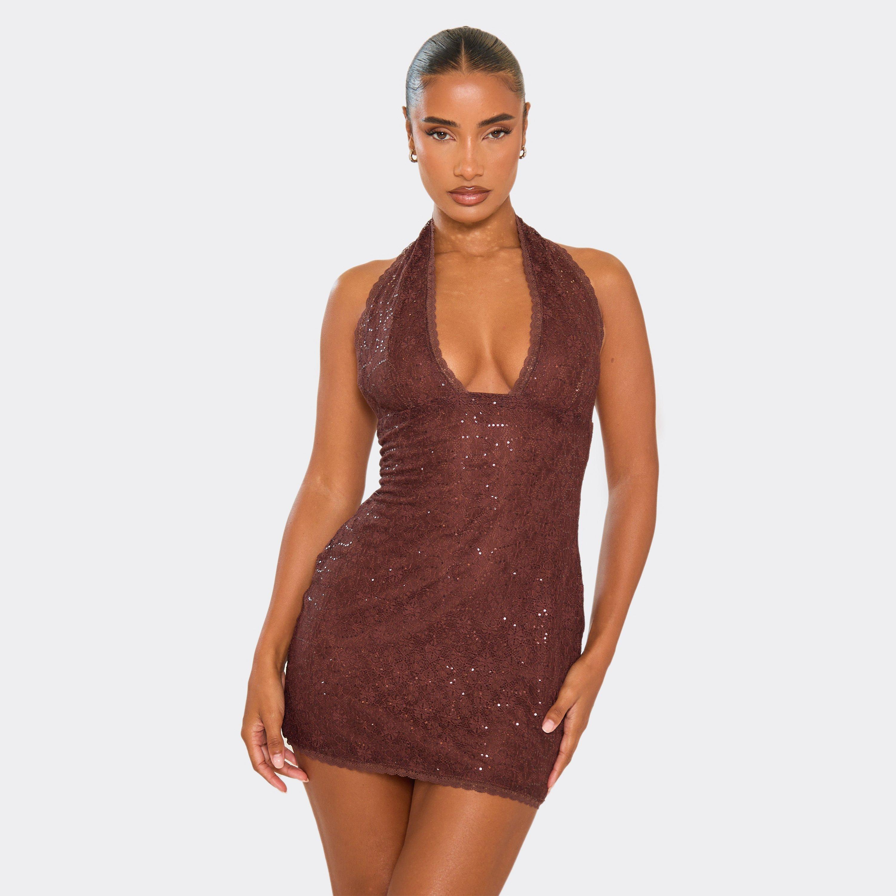 Plunge Halterneck Mini Dress In Brown Sequin Lace, Women's Size UK 10