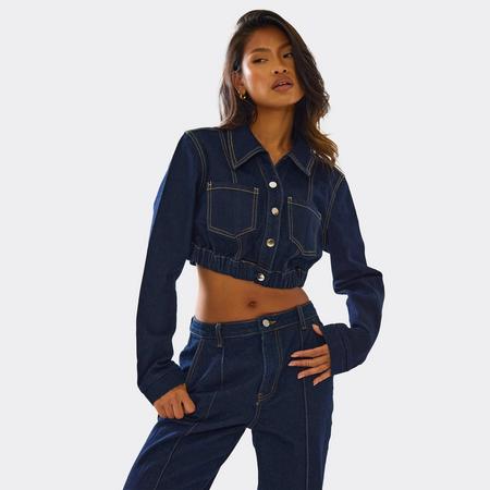 Long Sleeve Button Down Cinched Waist Detail Crop Jacket In Indigo Blue Denim, Women's Size US