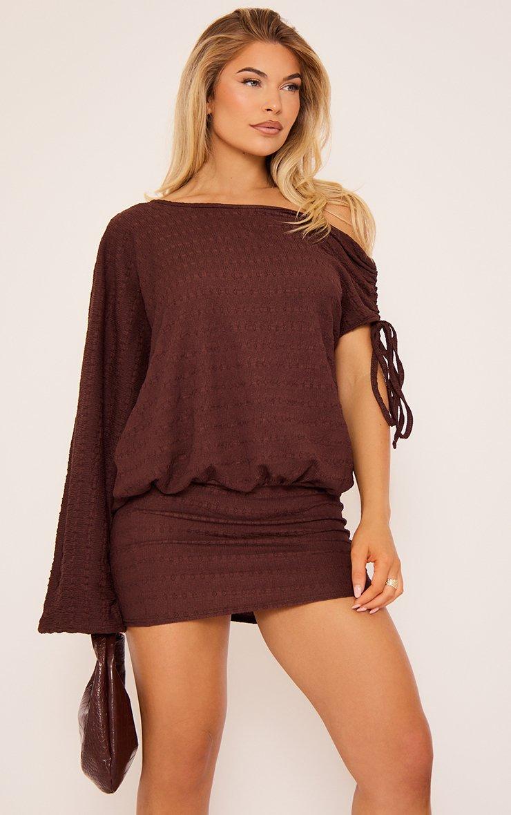 One Shoulder Gathered Sleeve Detail Mini Dress In Brown Textured | EGO AE |  EGO