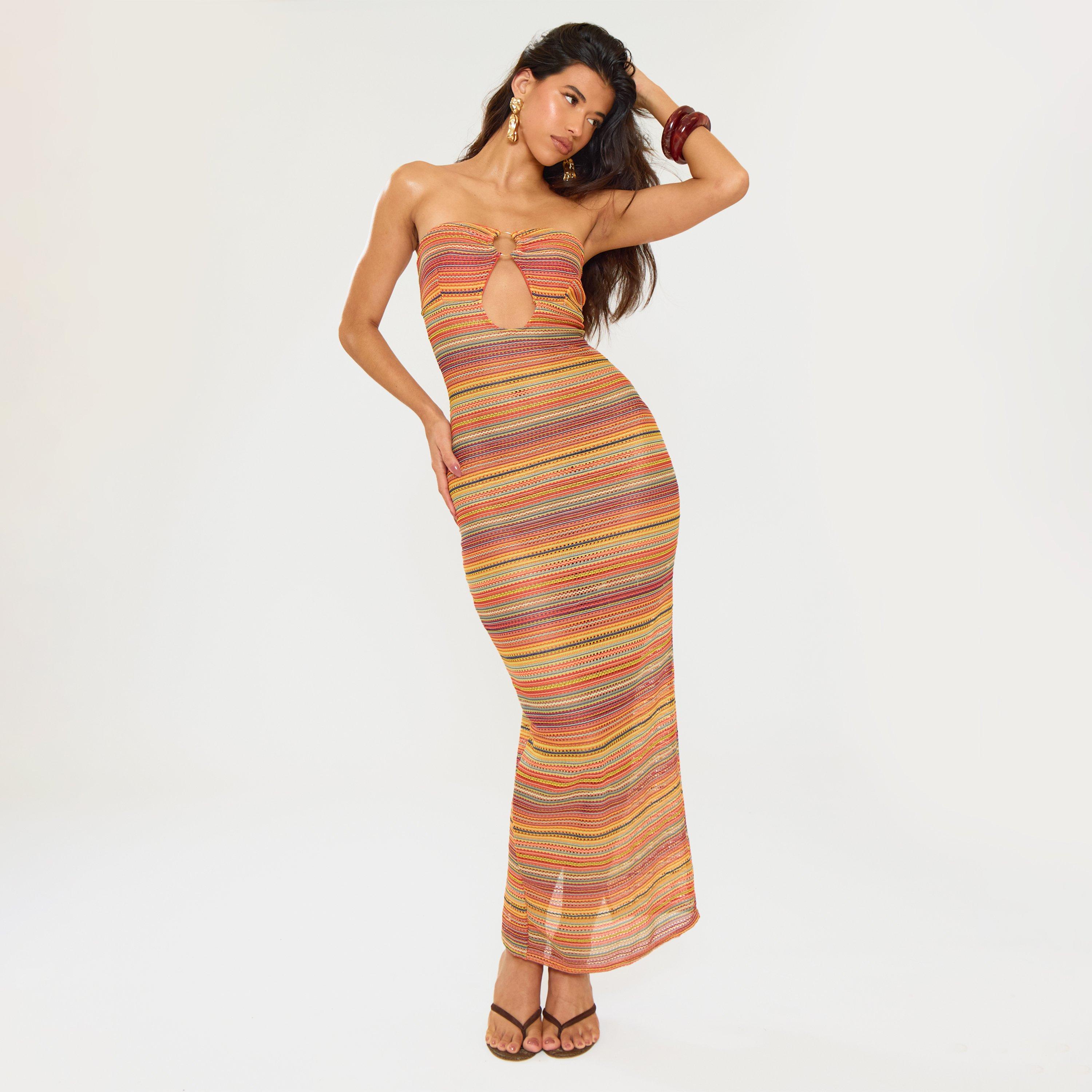 Bandeau Keyhole Cut Out Ring Trim Detail Maxi Dress In Multi Stripe, Women’s