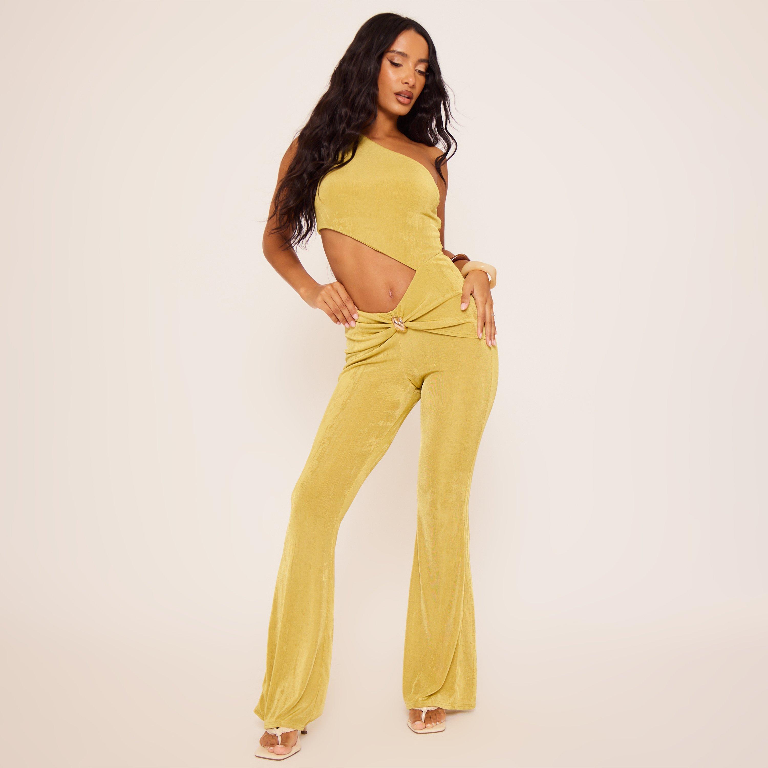 One Shoulder Cut Out Knot Detail Flared Jumpsuit In Green, Women’s
