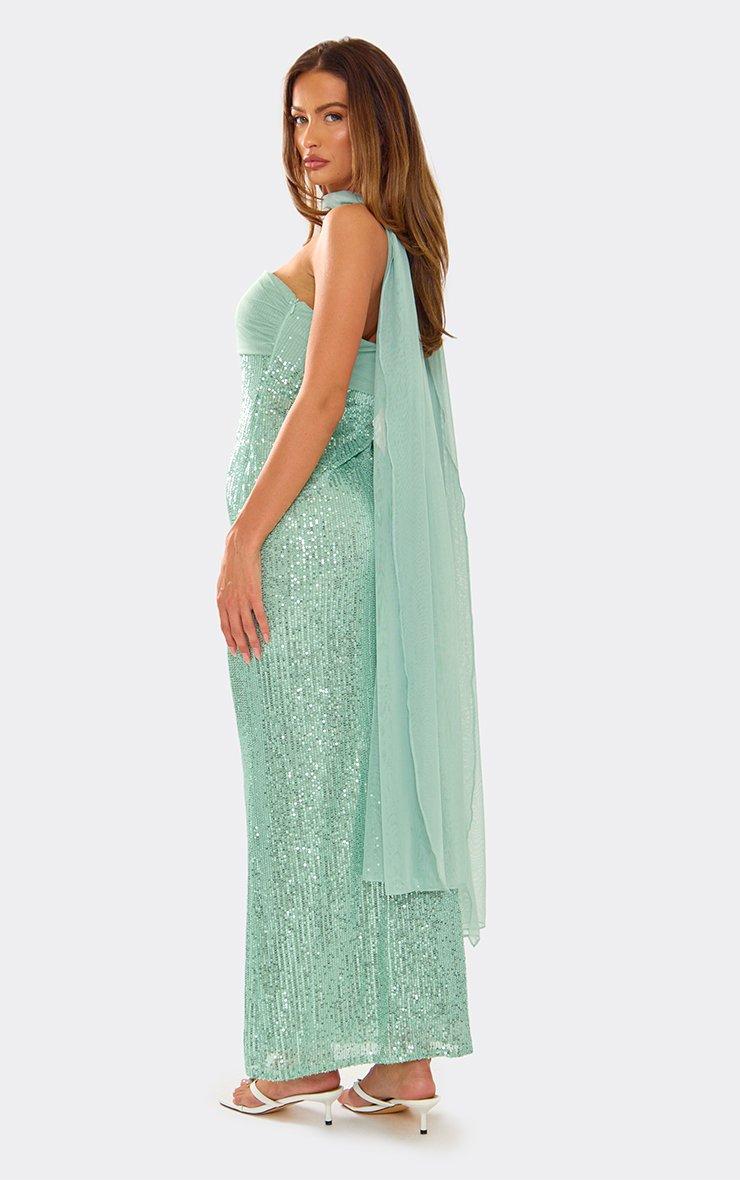 Bandeau Fold Over Scarf Detail Maxi Dress In Mint Green Sequin | EGO US |  EGO