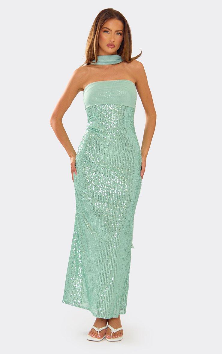 emerald green bandeau folded detail extreme split maxi dress Leg With Scarf In | EGO US Made from a sage green fabric with a bandeau fit Emerald Green Split Dress -