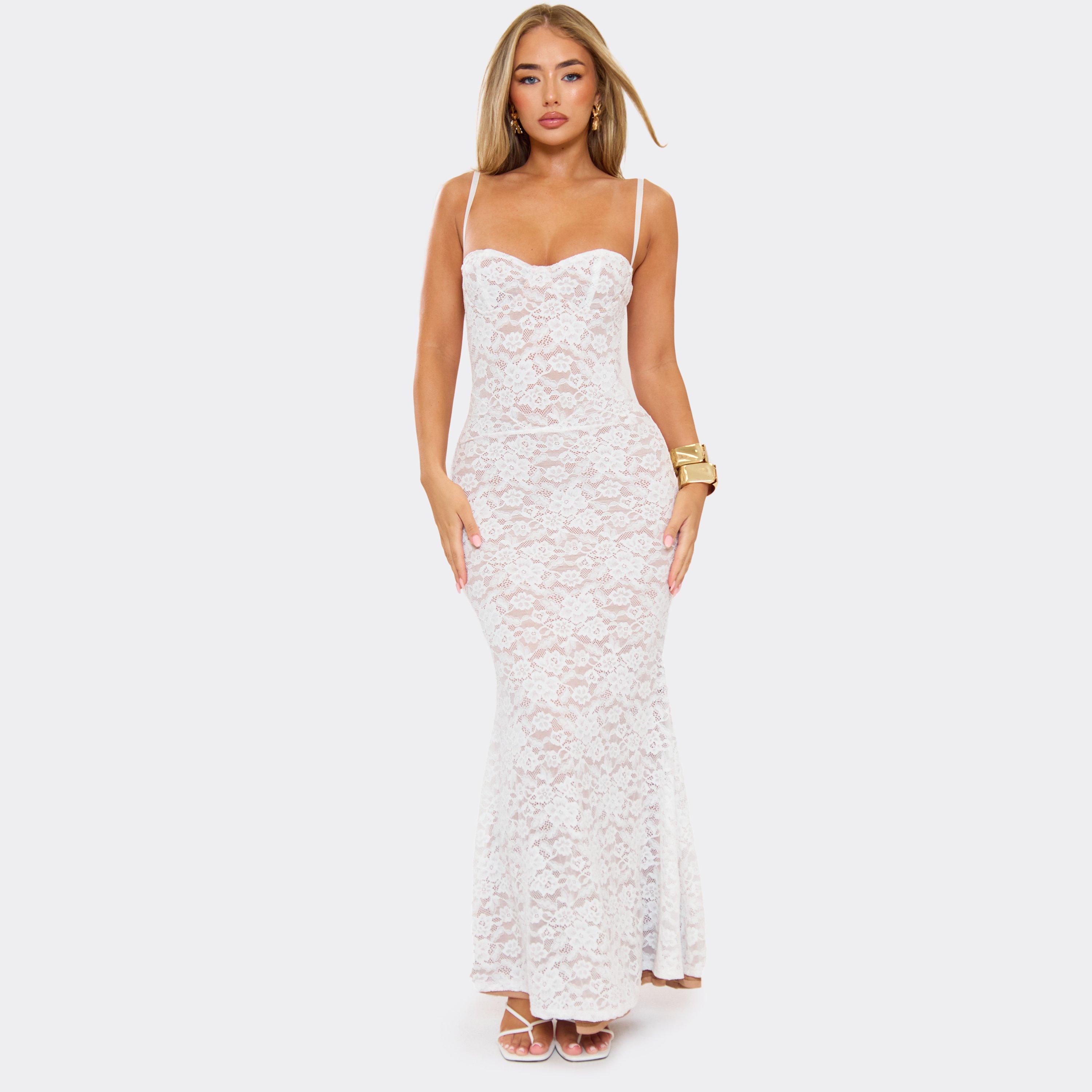 Strappy Sweetheart Corset Detail Maxi Dress In Cream Lace, Women's Size UK 12