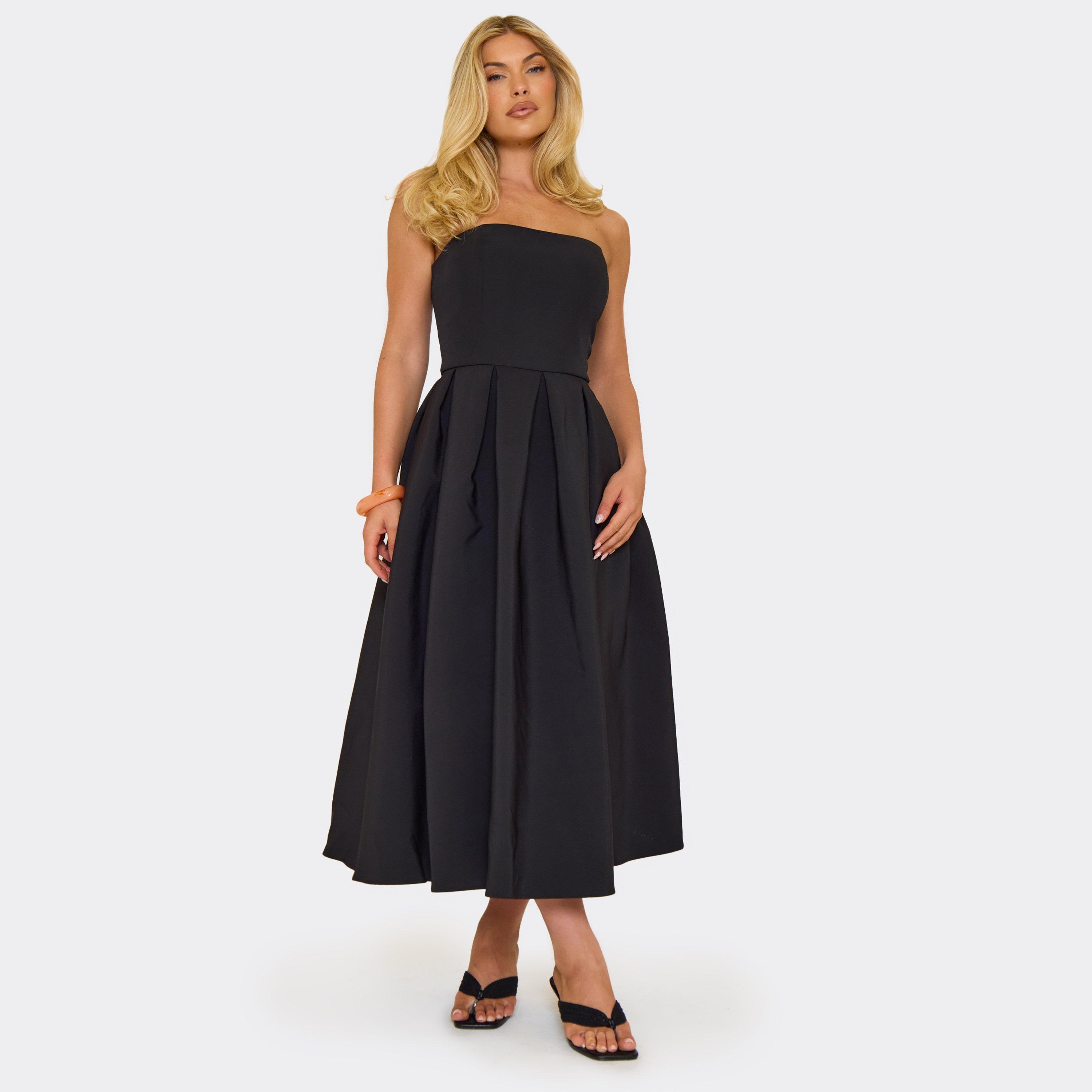 Bandeau Pleated Lace Up Back Detail Midi Dress In Black, Women's Size UK 8