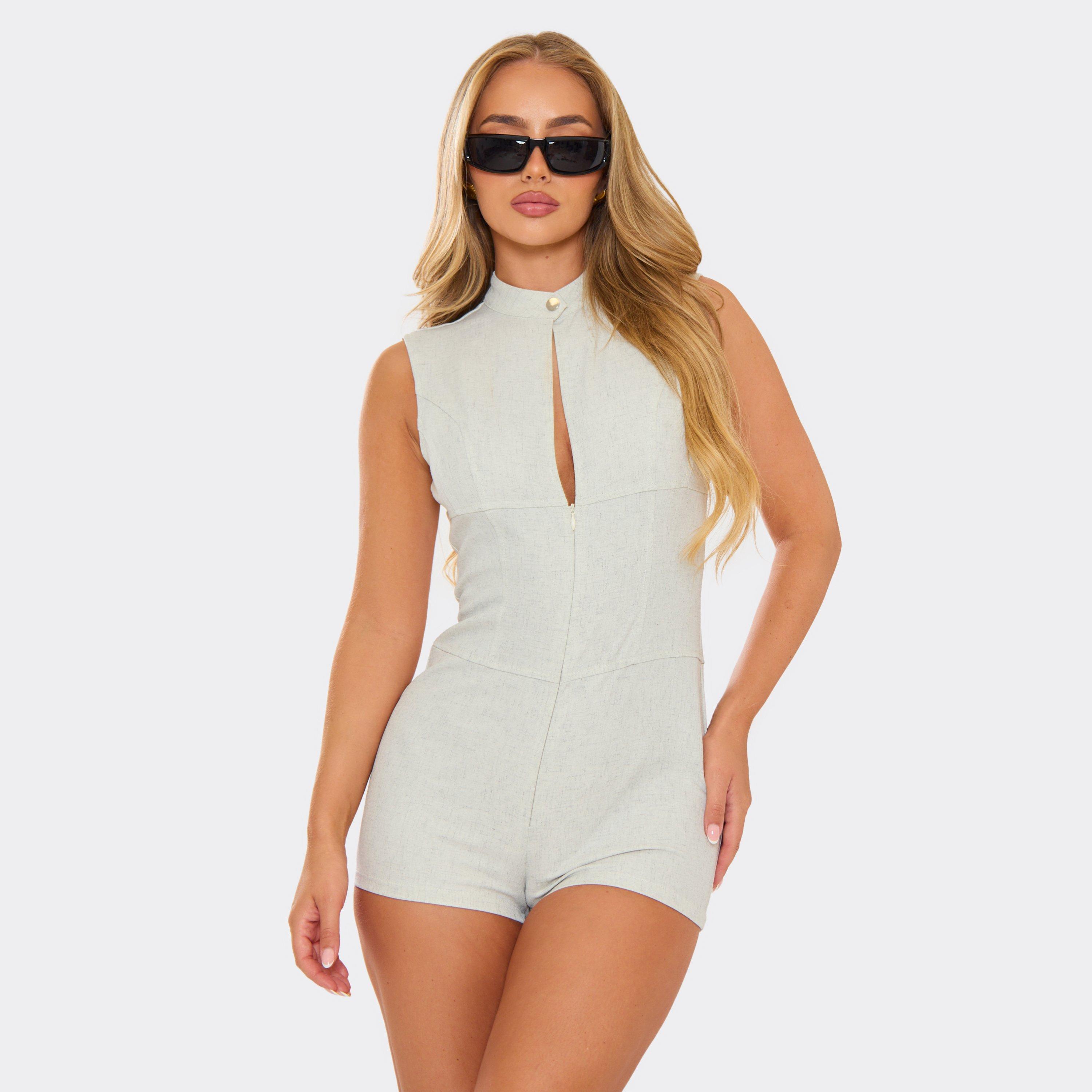Hight Neck Zip Front Keyhole Detail Playsuit In Grey, Women’s
