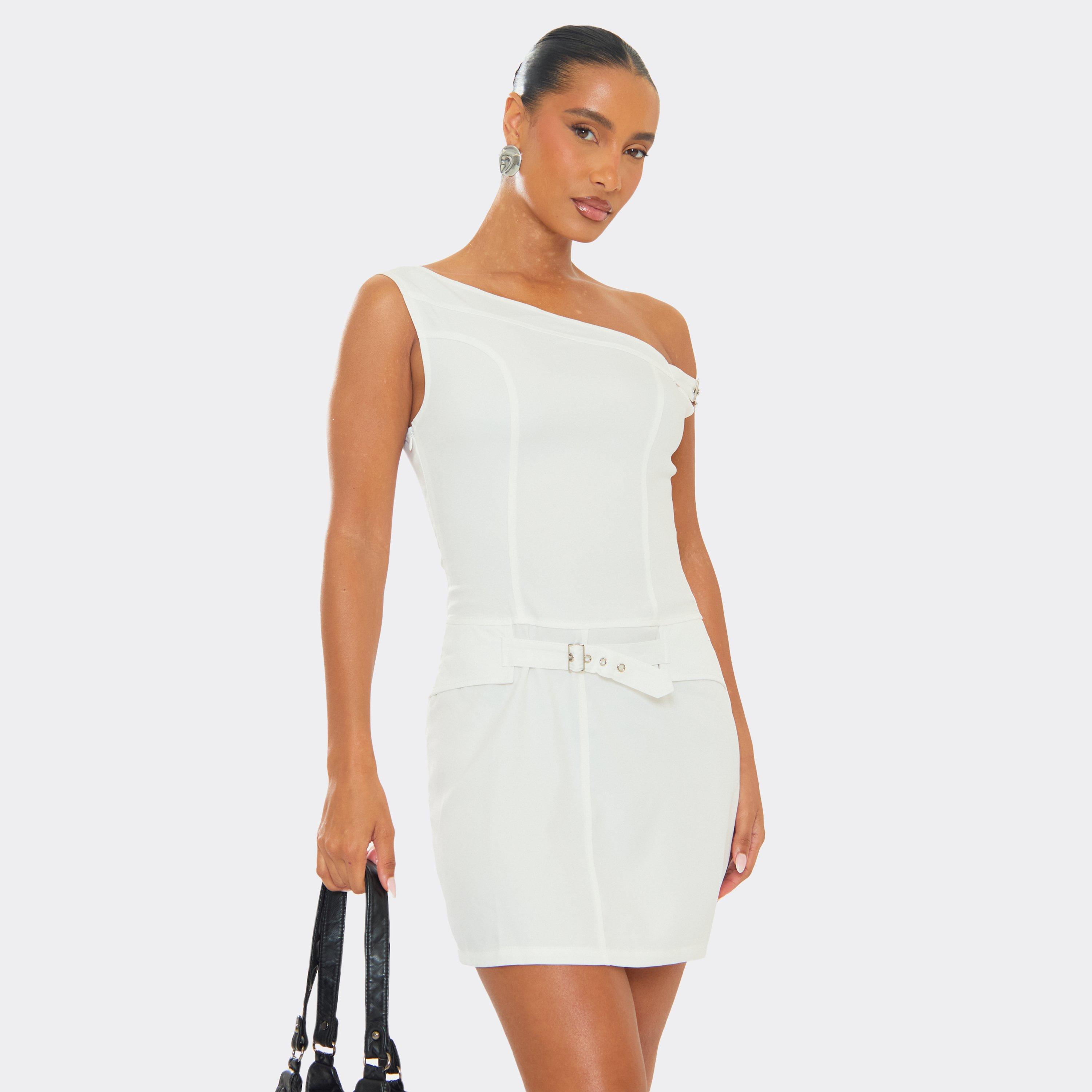 One Shoulder Belt Detail Tailored Mini Dress In White, Women's Size UK 8
