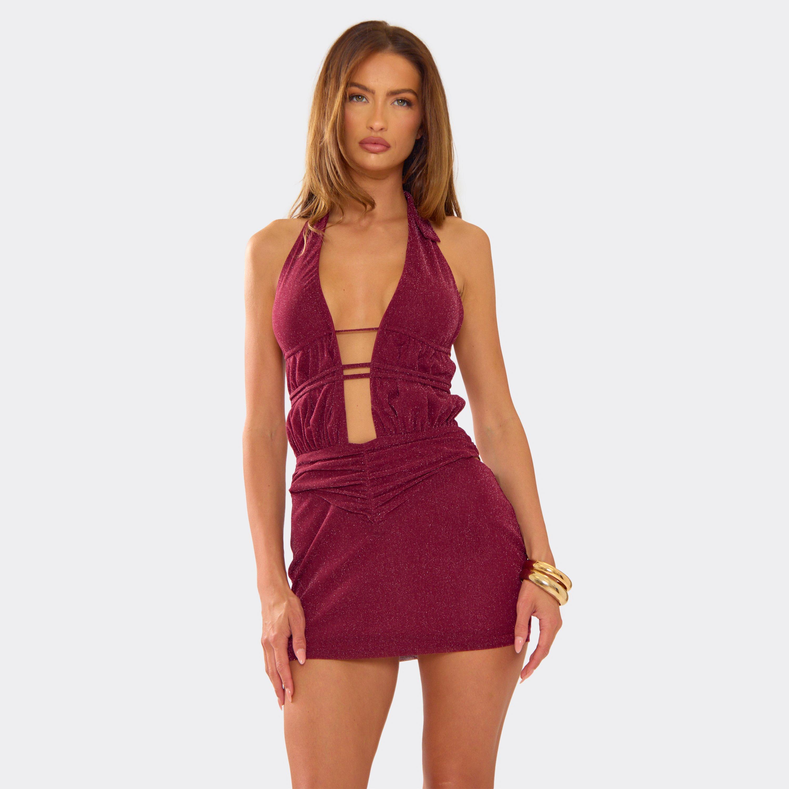Plunge Halterneck Cut Out Side O Ring Trim Detail Mini Dress In Burgundy Glitter, Women's Size UK 12