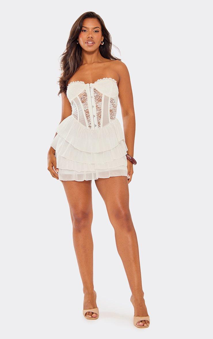 white lace bustier dress Dave and Johnny Short Hoco 11206 Ivory / 00 style bodice with defined boning for a flattering silhouette Bandeau Frill Hem Lace Corset