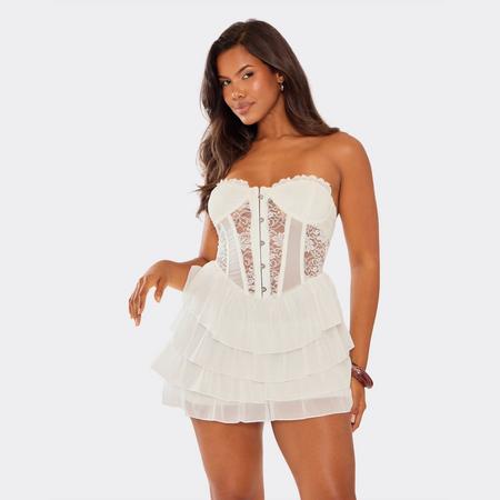 Bandeau Frill Hem Lace Corset Detail Mini Dress In White, Women's Size US